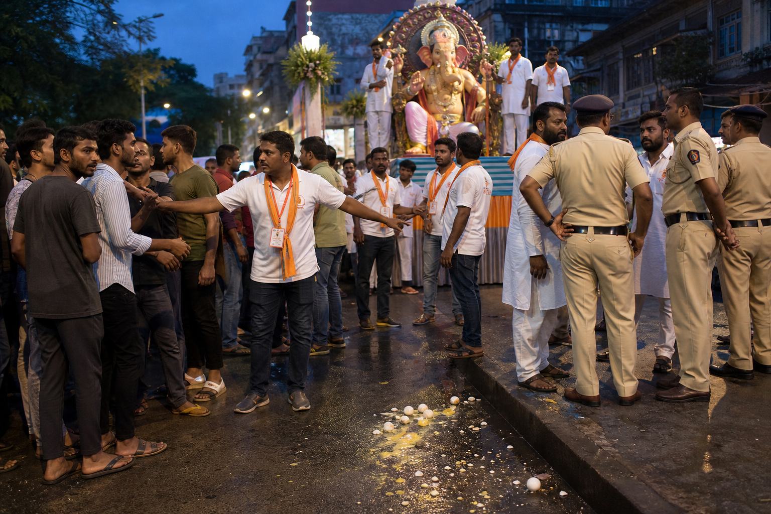 Devotees, procession volunteers and police calmly secure a Mumbai street after eggs were thrown near a Ganesh procession.