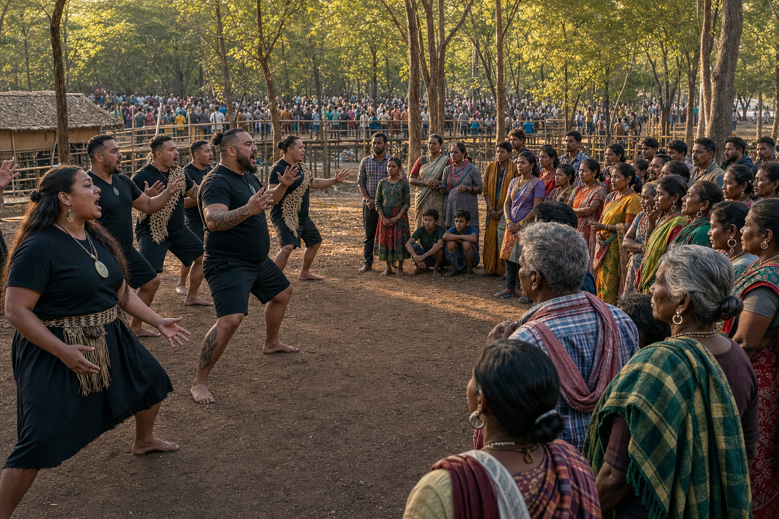 Maori visitors perform a haka before Koya Adivasi hosts and families in a wooded gathering space at Medaram Jathara.