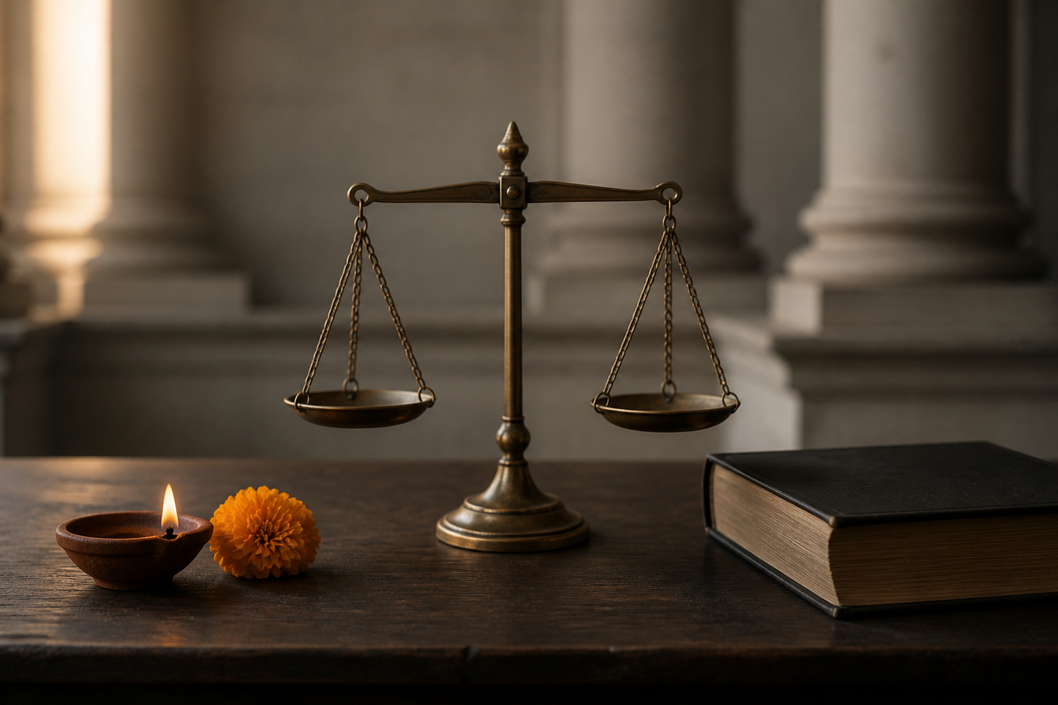 A balanced scale beside an oil lamp, marigold and closed legal volume, with courthouse columns in the background.