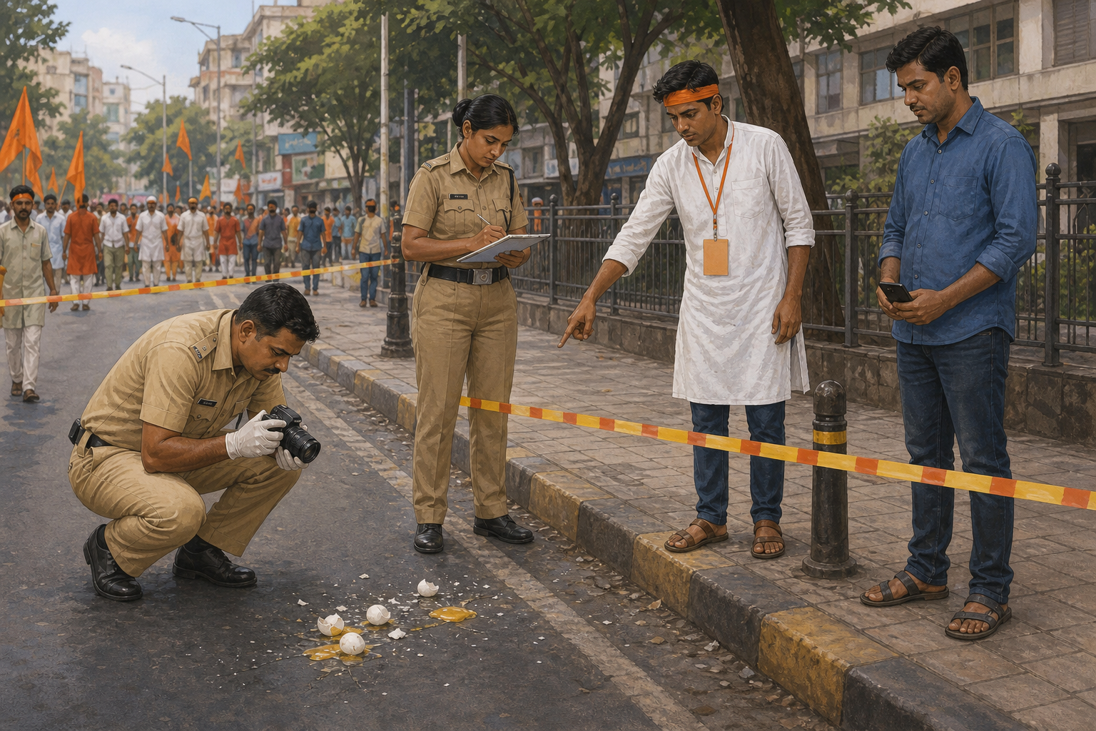 Police document broken eggs on a Mumbai street while a procession volunteer and witness preserve the scene.
