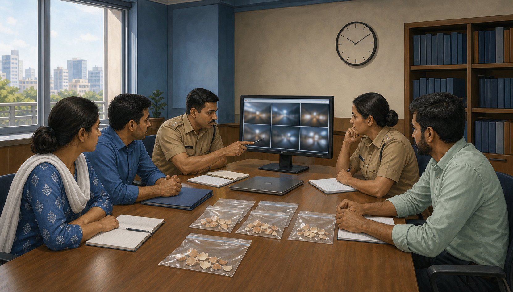 Investigators, witnesses and a procession organizer review visual evidence together in a neutral meeting room.