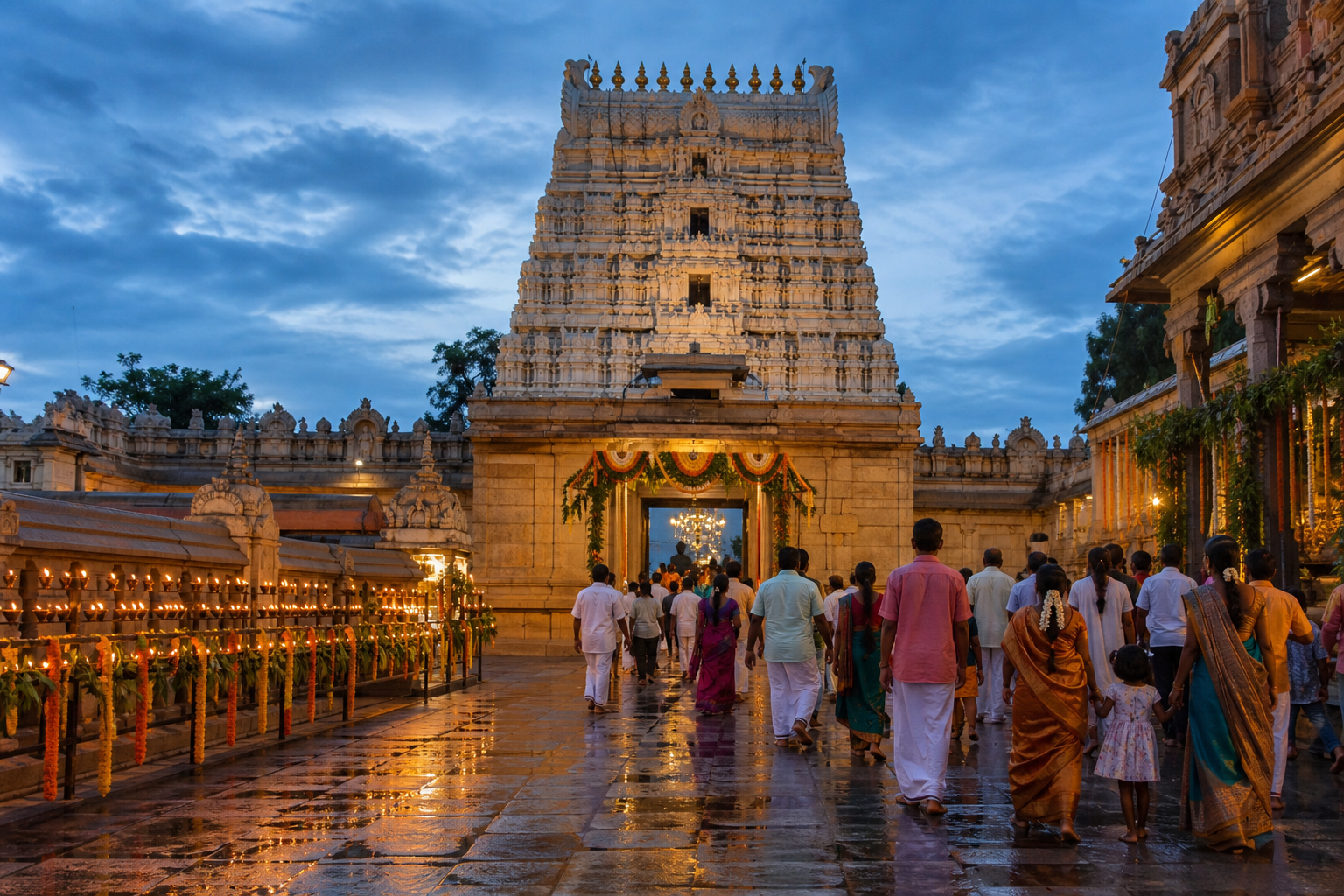 Devotees approach a decorated Dravidian temple entrance in Tiruchanur under warm evening lights and a cloudy September sky.