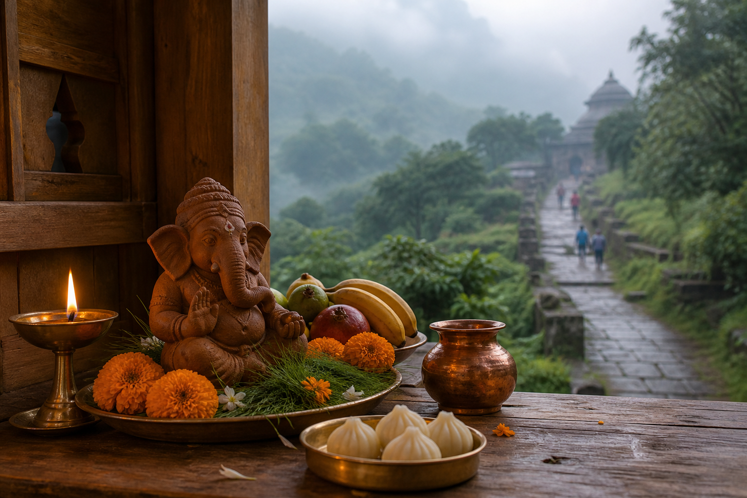 A clay Ganesh murti on a home altar with flowers, durva grass, a lamp, modaks and fruit, overlooking a misty path where pilgrims approach a stone temple.