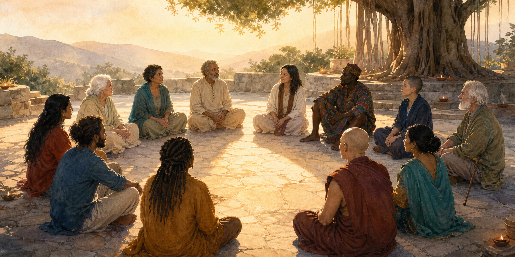 A diverse circle of people sits in a dawn-lit stone courtyard beneath a banyan tree, with one beam of sunlight illuminating their distinct faces.