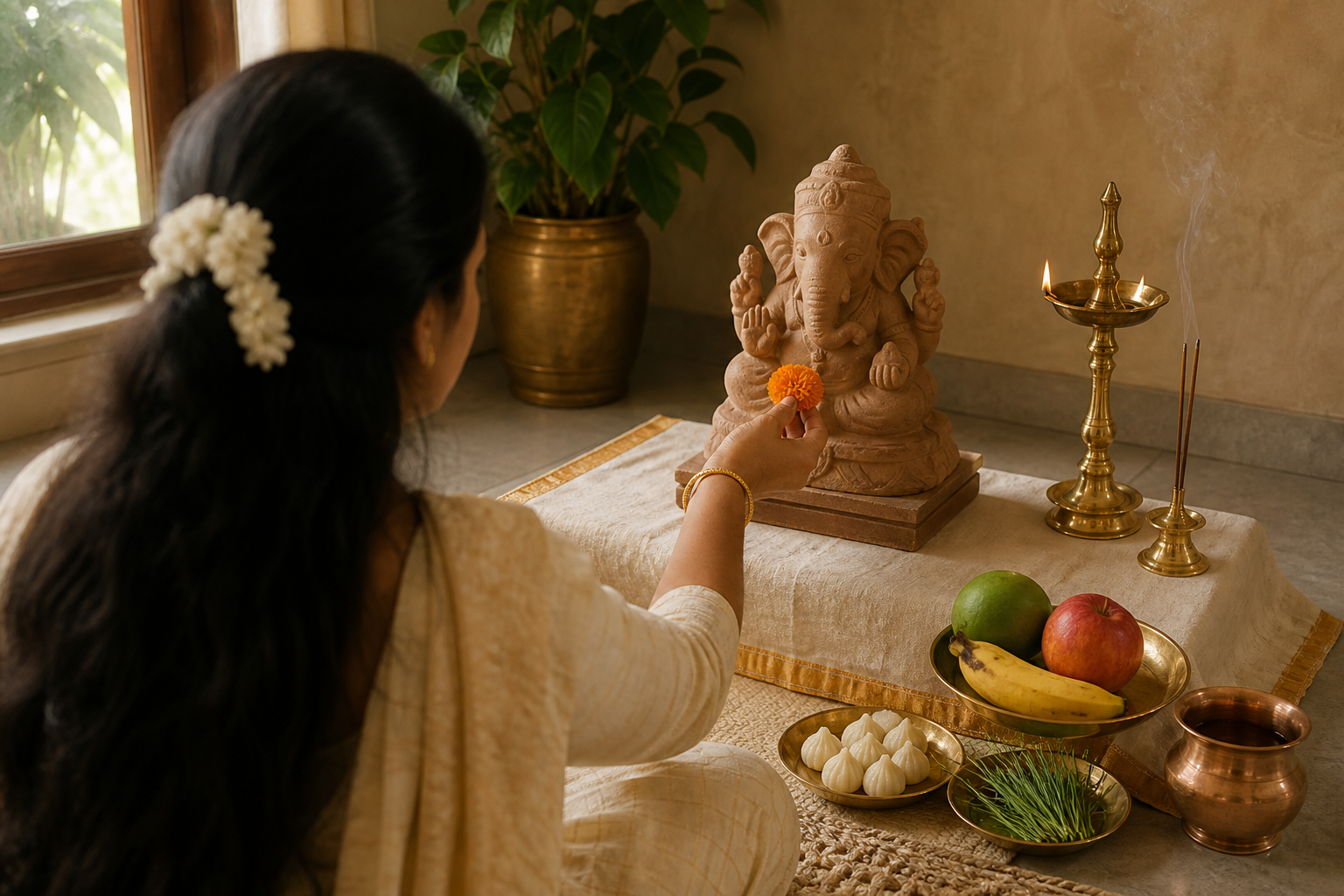 A seated devotee offers a marigold to a small clay Ganesh murti on a simple home altar prepared with a lamp, durva grass, fruit and modaks.