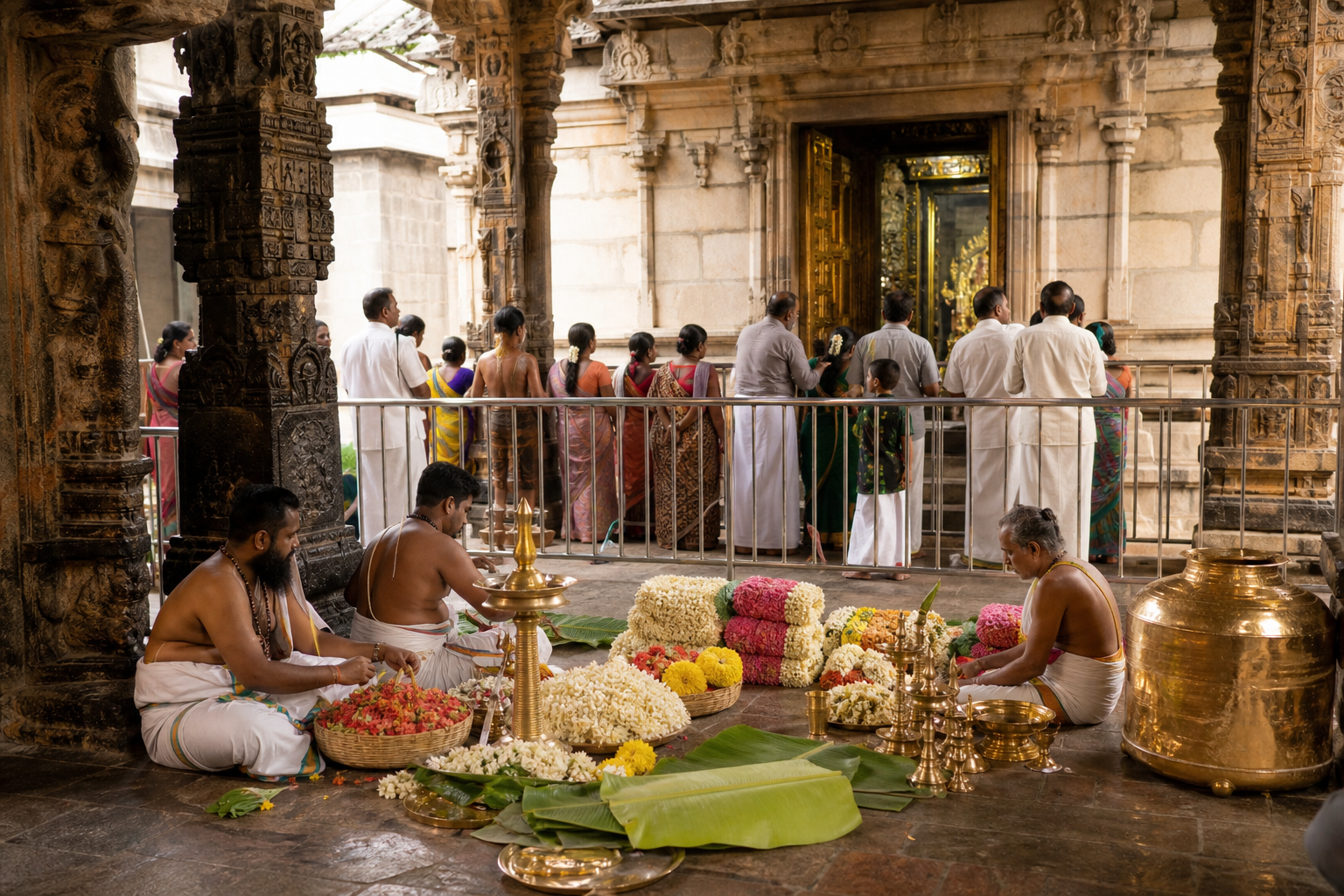 Temple attendants arrange brass lamps, flowers, leaves, and ceremonial vessels in a Tiruchanur temple courtyard.