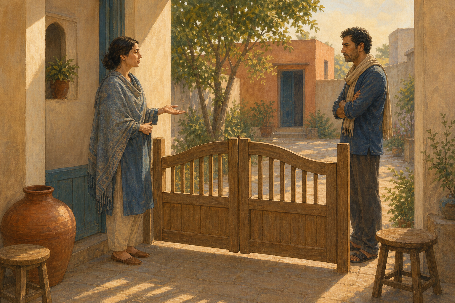 Two adults face each other across a closed low gate in a sunlit courtyard, with a water vessel and two empty stools nearby.