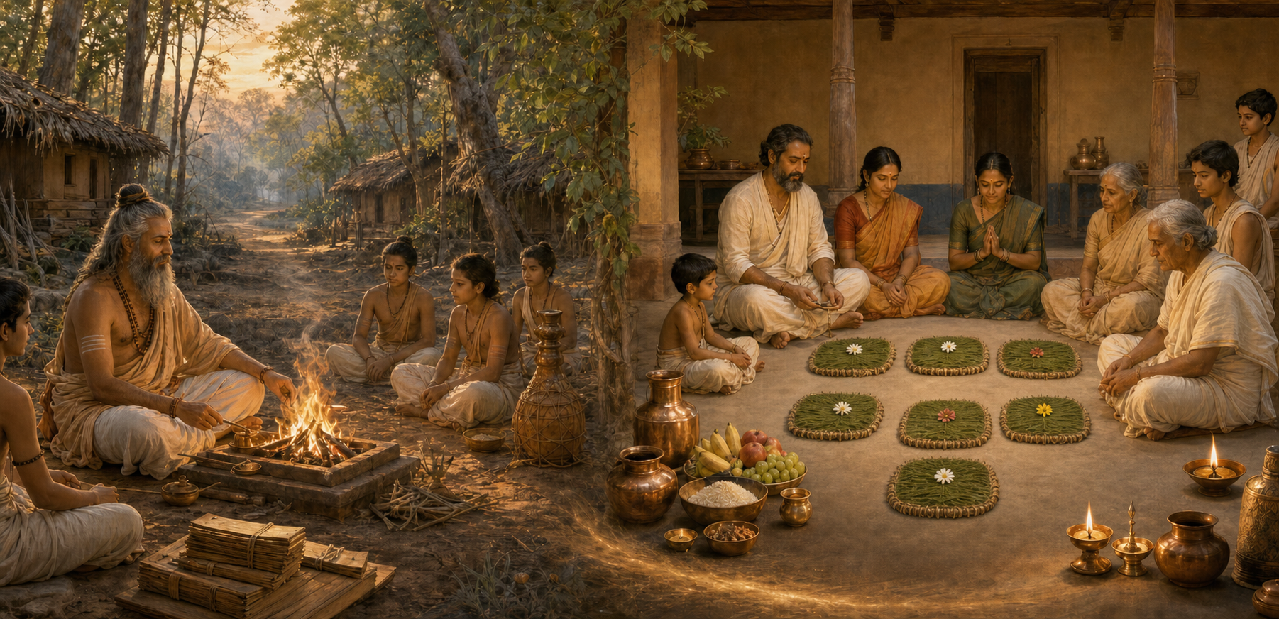 A forest sage and students beside a sacred fire are visually connected to a household performing a vrata before seven flower-adorned ritual seats.