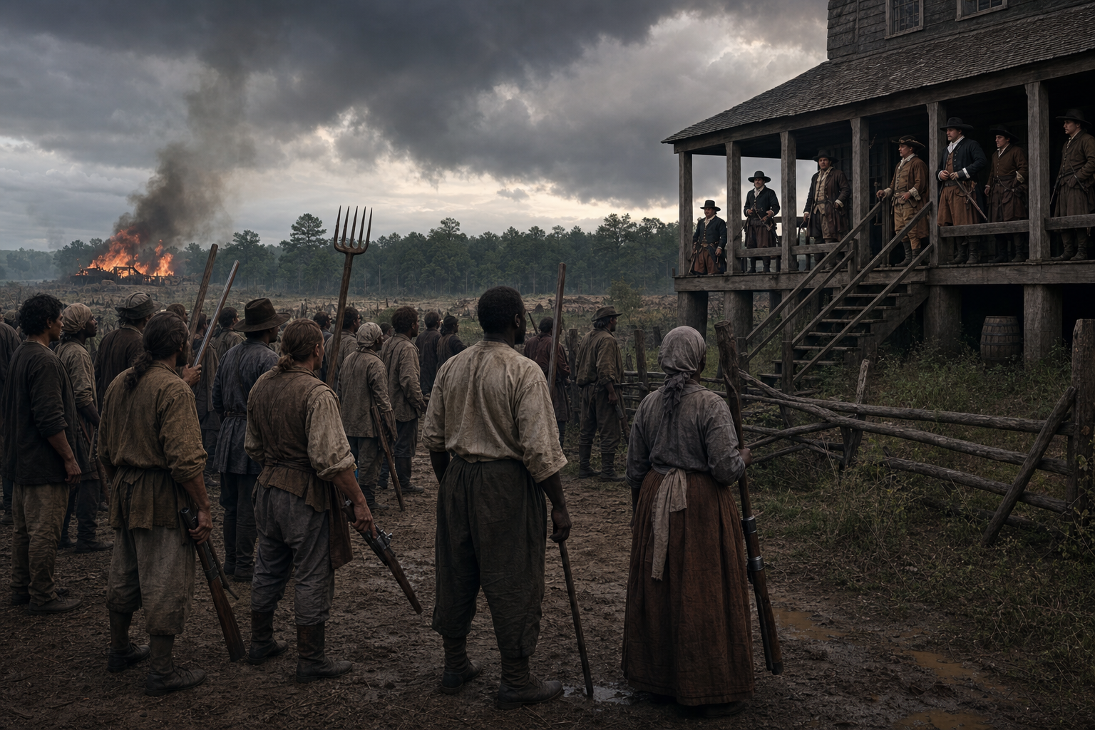 A mixed group of poor European settlers, African laborers, and indentured servants confronts colonial elites and militia during unrest in seventeenth-century Virginia.