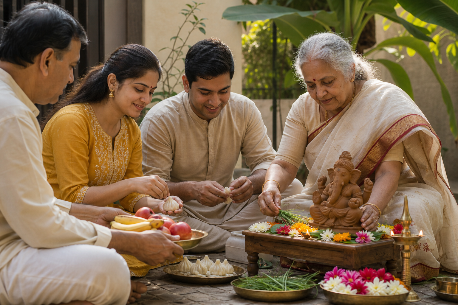 An elder and younger family members prepare flowers, durva grass, fruit and modaks around a clay Ganesh murti in a home courtyard.