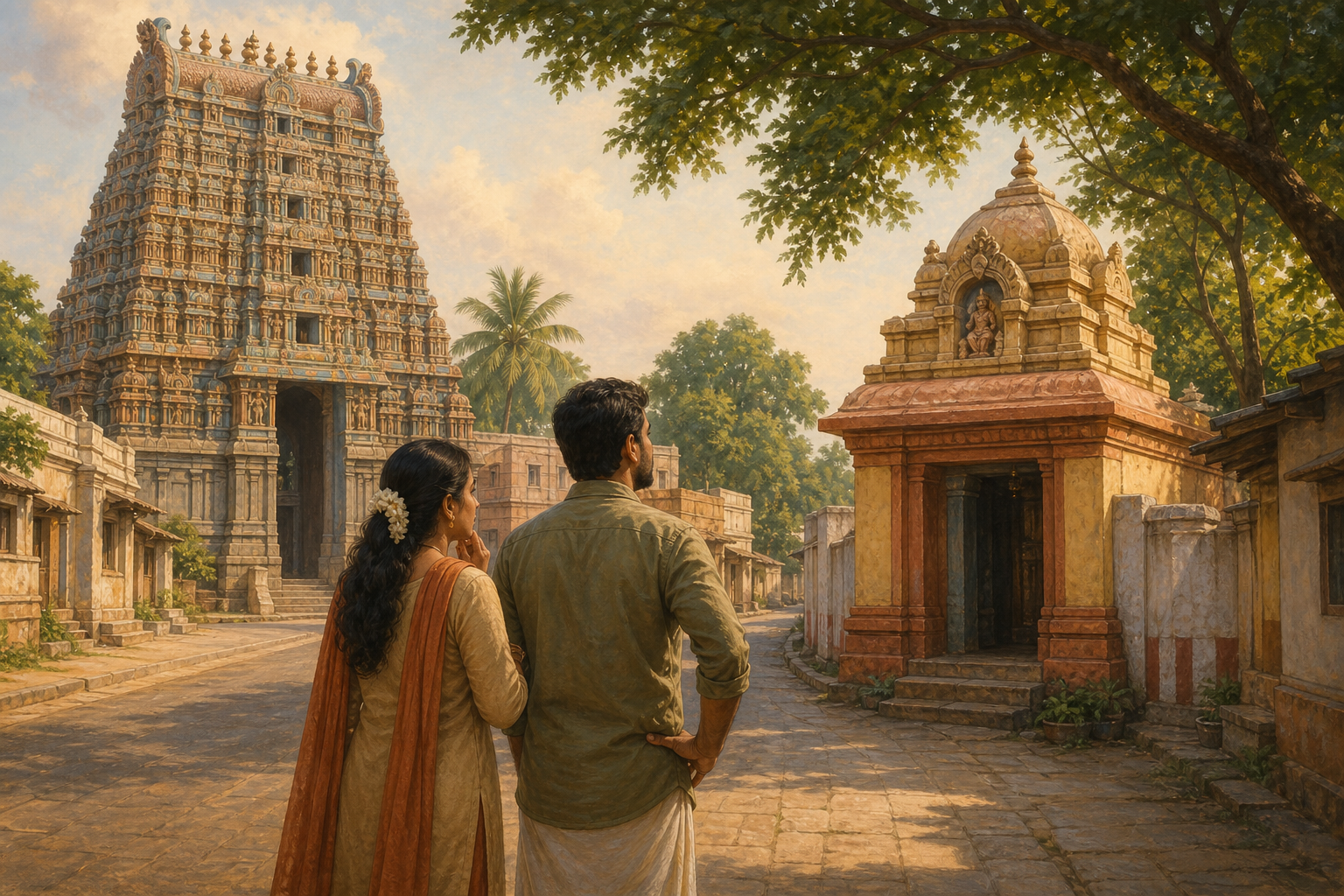 Two visitors compare a large temple entrance and a smaller shrine entrance along a street in Tiruchanur.