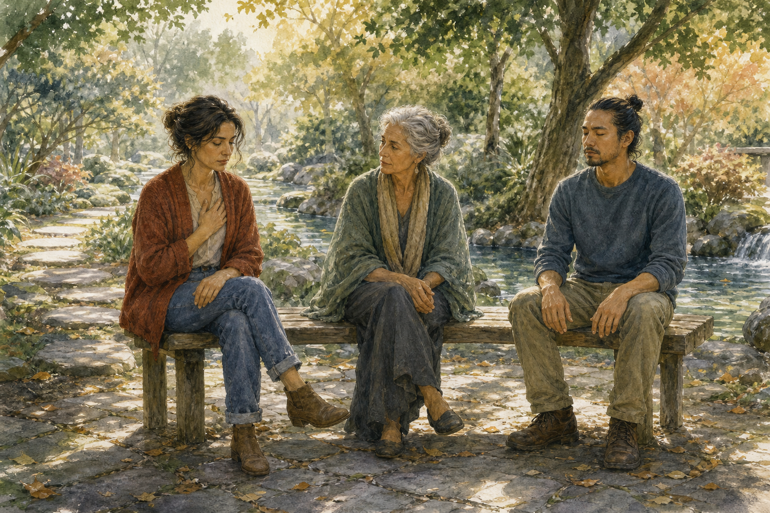 Two people pause on opposite ends of a garden bench while a facilitator listens between them beside a narrow stream.