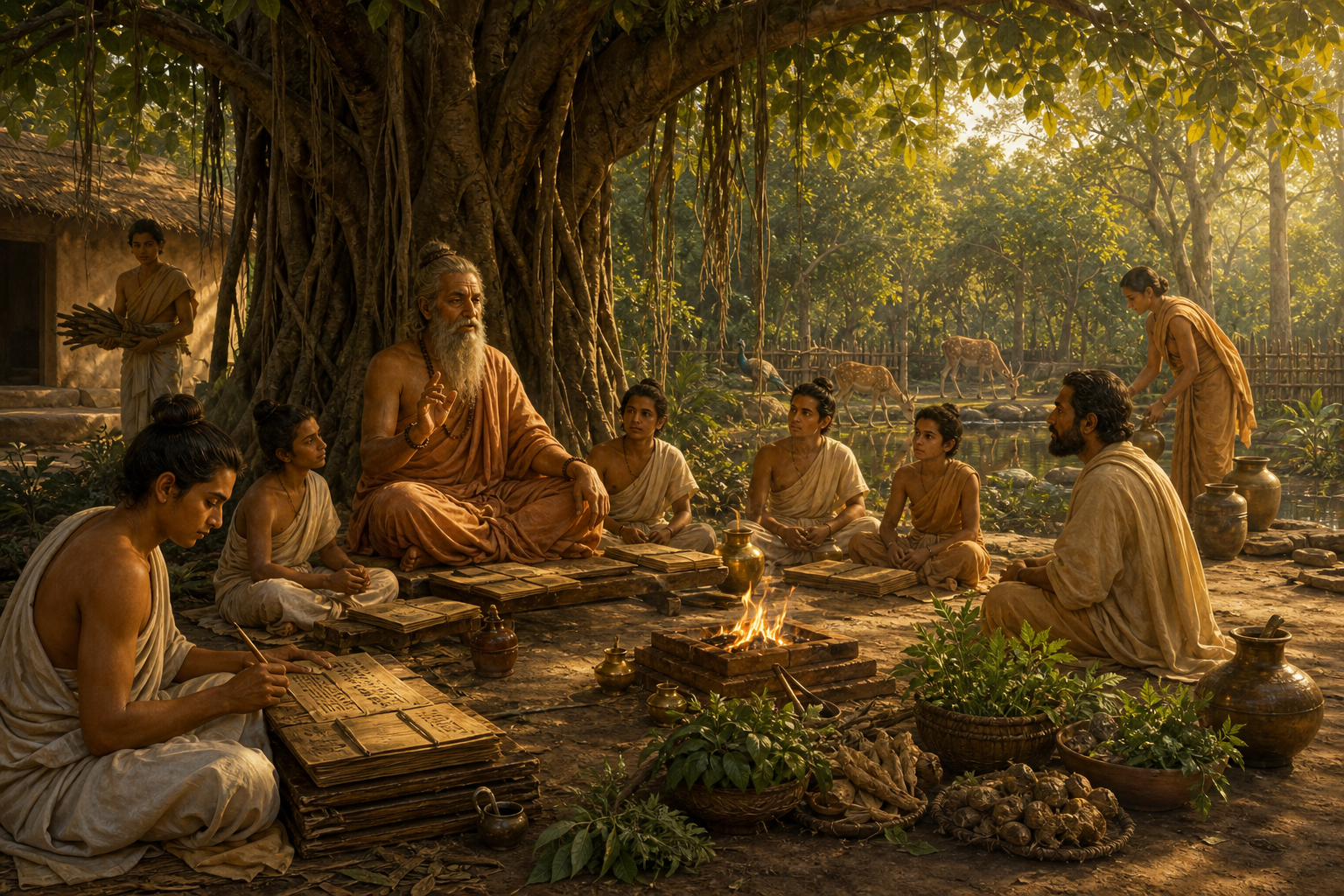 A rishi teaches students beneath a tree in a hermitage surrounded by manuscripts, a fire altar, medicinal plants, water pots, and a visiting counsel seeker.