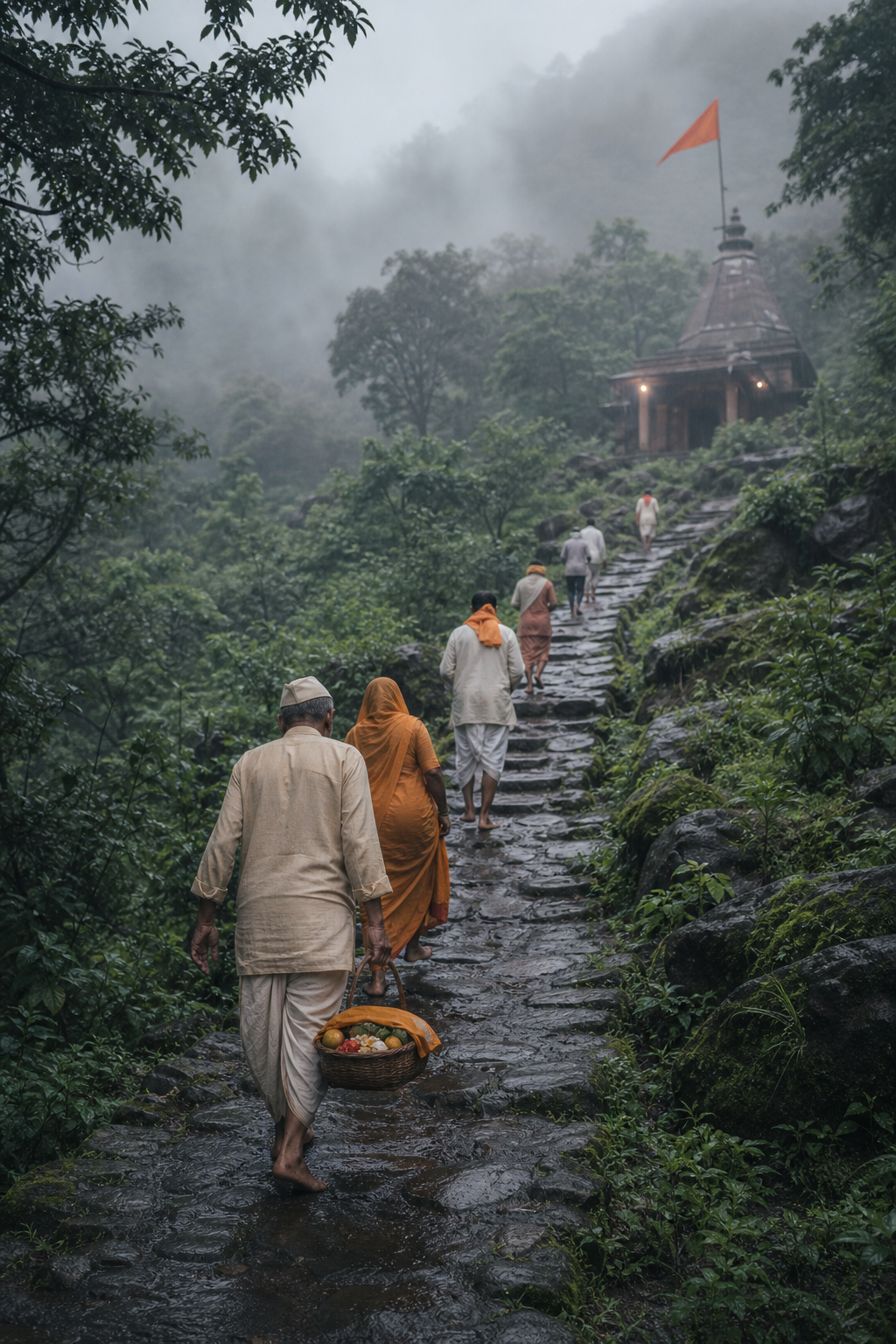 Barefoot pilgrims carrying flowers and fruit walk up a misty forest path toward a small stone hill temple.
