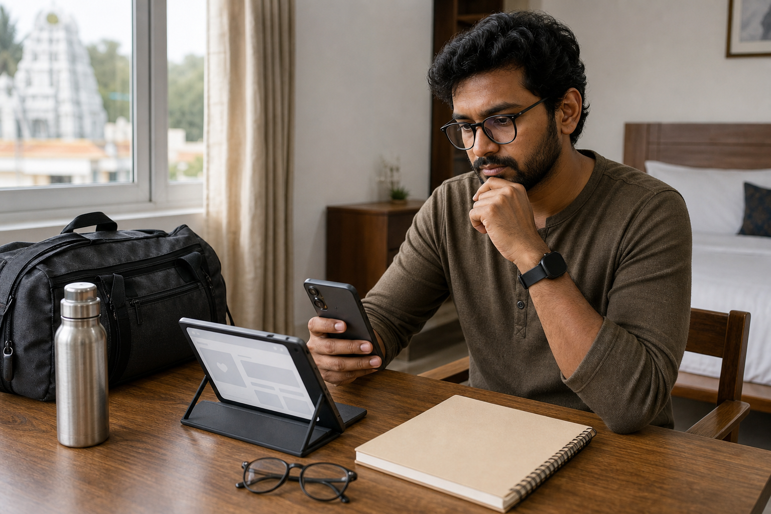 A traveler checks schedule information on digital devices beside a packed bag and an unmarked planner.