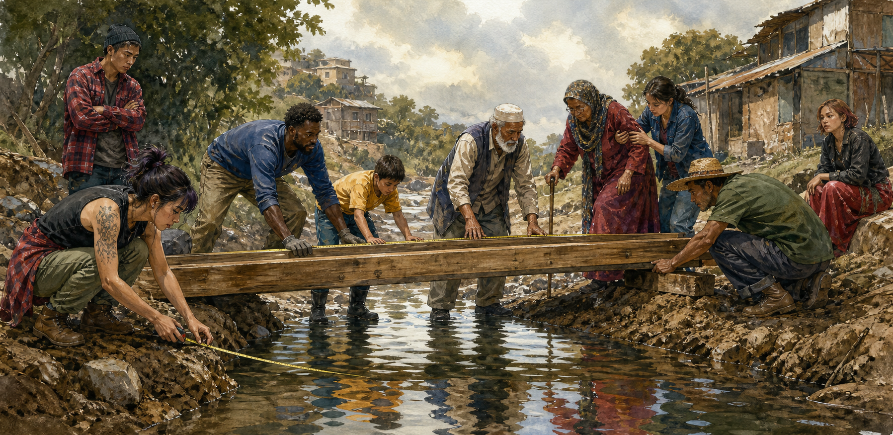 A diverse multigenerational group works together to place a wooden footbridge across a shallow channel while their reflections meet in the water.