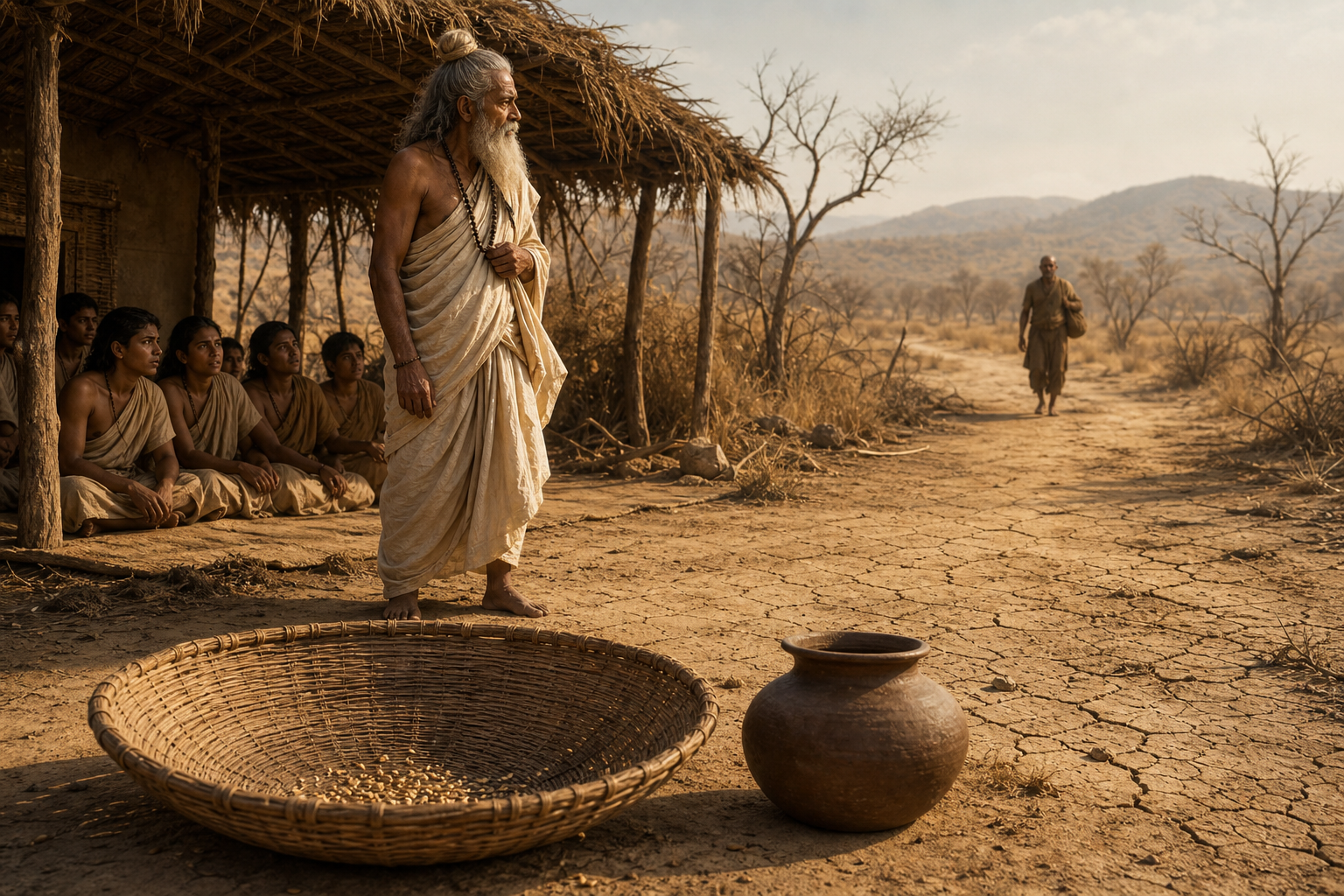 A rishi considers an approaching traveler while hungry students wait beside an almost empty grain basket and water jar at a drought-stricken hermitage.
