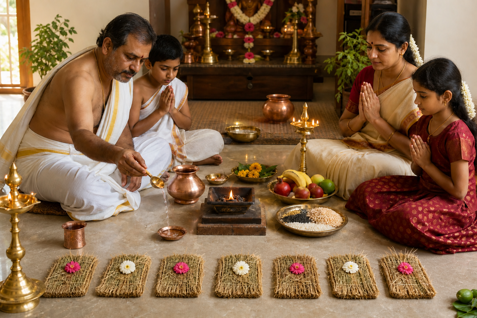 A family performs a vrata before seven flower-adorned kusa-grass seats with copper vessels, fruit, grains, and an oil lamp.