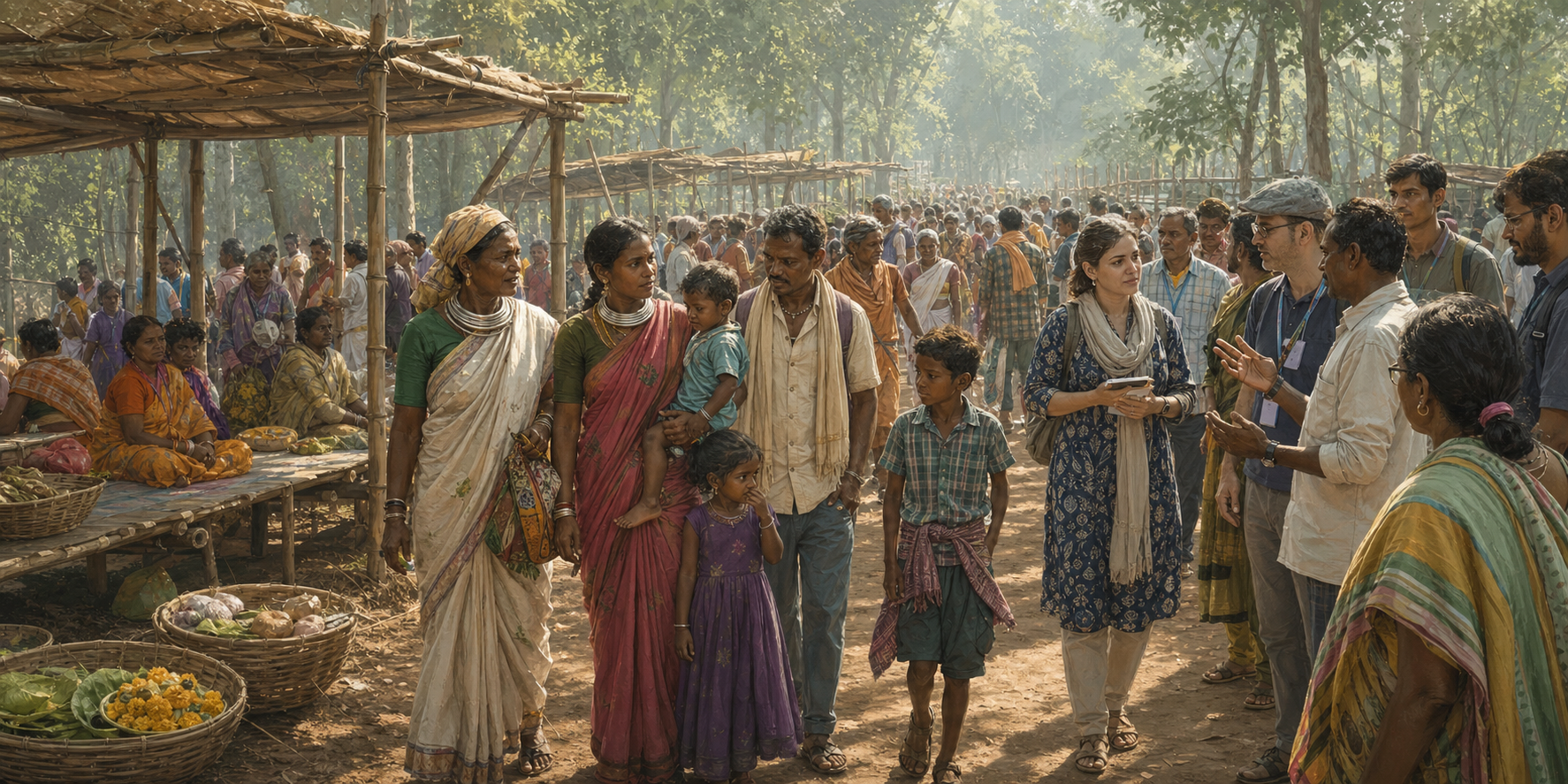 Koya families and pilgrims move through a bamboo-lined festival corridor at Medaram while visiting delegates listen to a local guide.