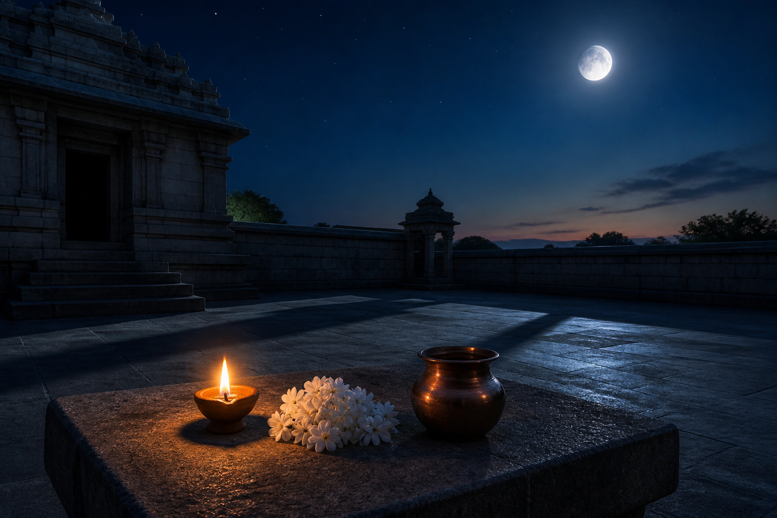 A late-waxing moon shines over a quiet stone courtyard where an oil lamp, copper vessel and white flowers rest on a low platform.