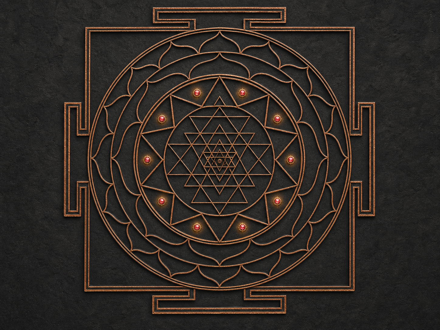 A top-down copper Sri Chakra with ten triangular chambers in one enclosure highlighted by ten ruby-gold points of light.