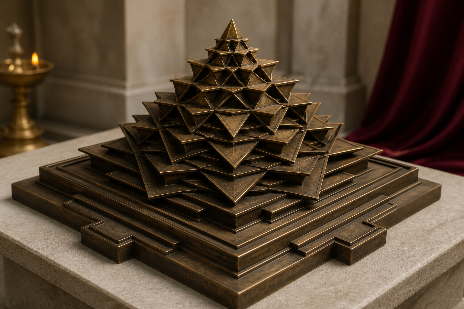 A bronze Mahameru viewed from above at an angle, showing its square base, layered terraces, interlocking triangular planes and central summit.
