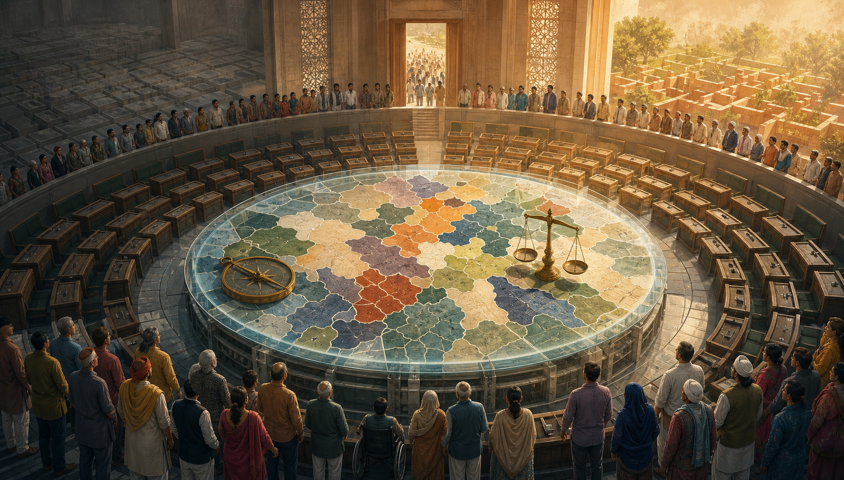 Editorial illustration of a circular democratic chamber, a central table with unlabeled constituency shapes, drafting tools, a balance, and citizens watching from a public gallery.