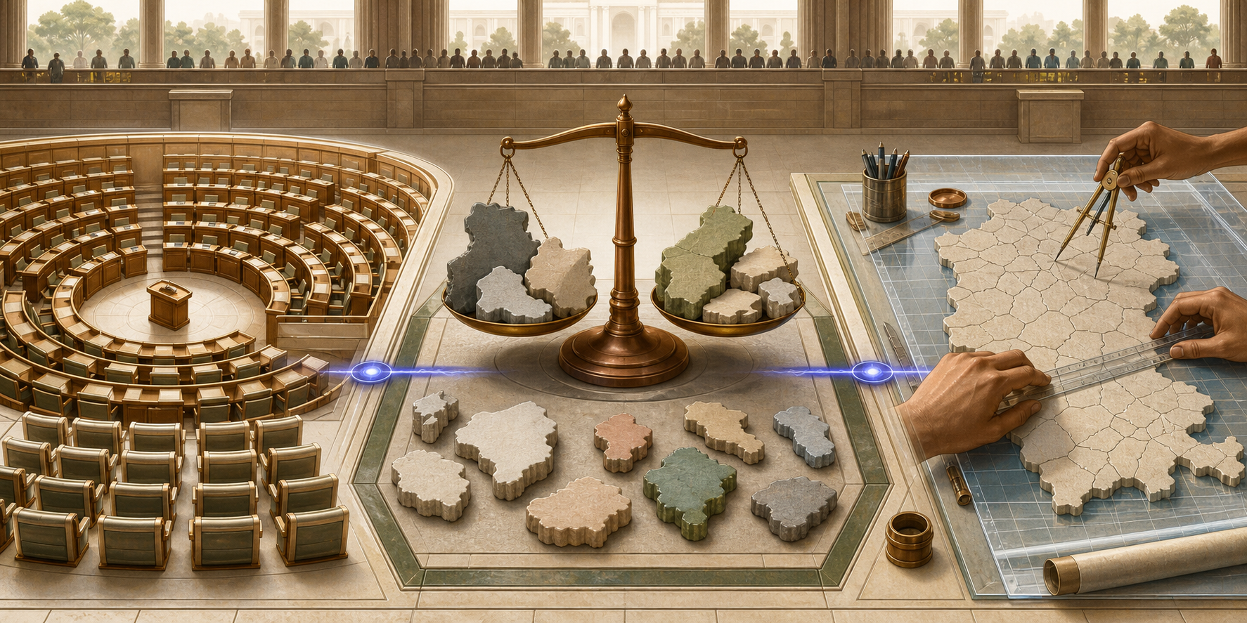 Conceptual illustration showing expanding parliamentary seats, state-like forms on a balance, and hands drawing fictional constituency boundaries as three connected but separate processes.