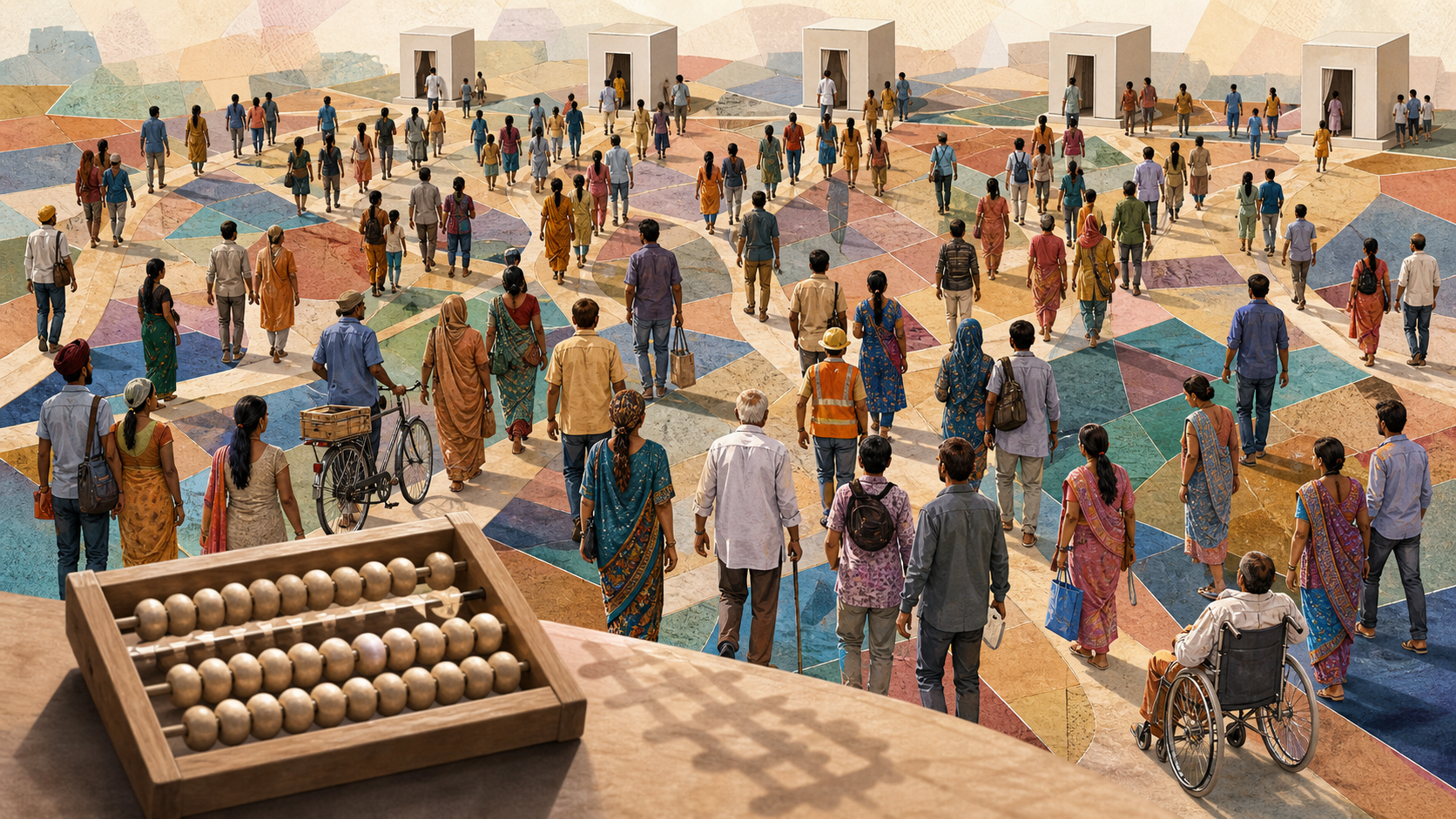 A diverse group of Indian voters crosses shifting fictional constituency shapes toward unmarked polling booths, with blank counting beads in the foreground.