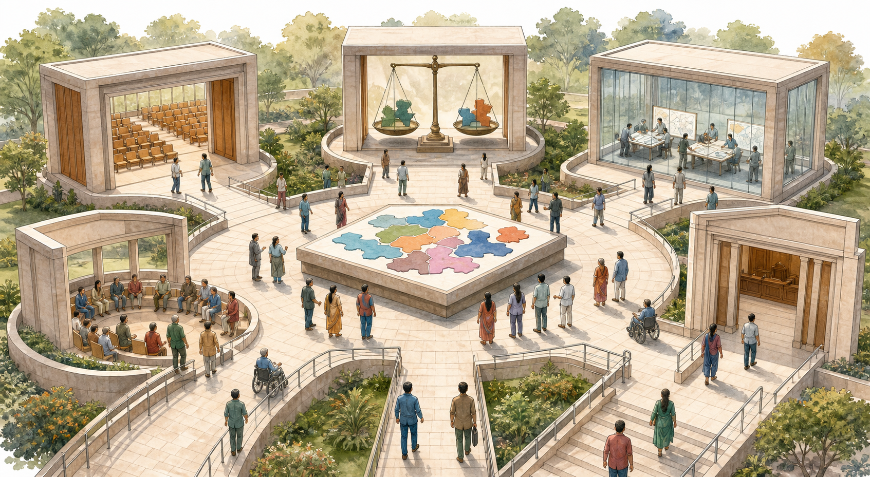 Five equal civic gateways surround an unlabeled fictional constituency map, representing representation, federal balance, transparent administration, public participation, and judicial review.
