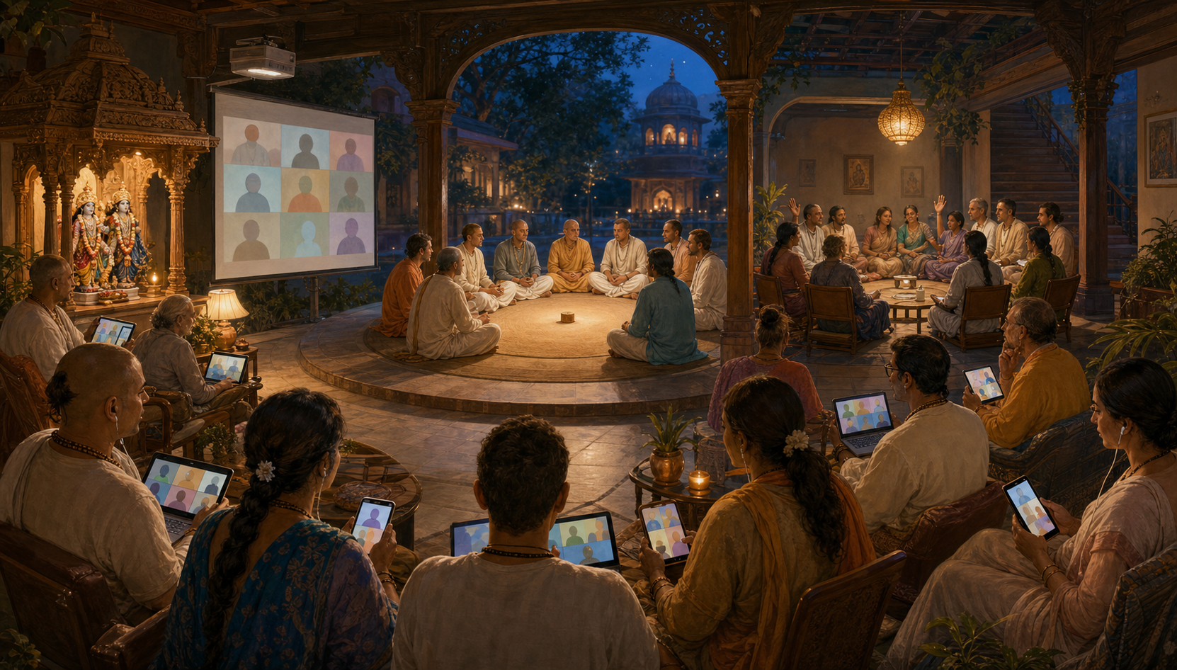Devotees watch a hybrid forum from homes and a temple while smaller groups speak and deliberate in successive spaces.