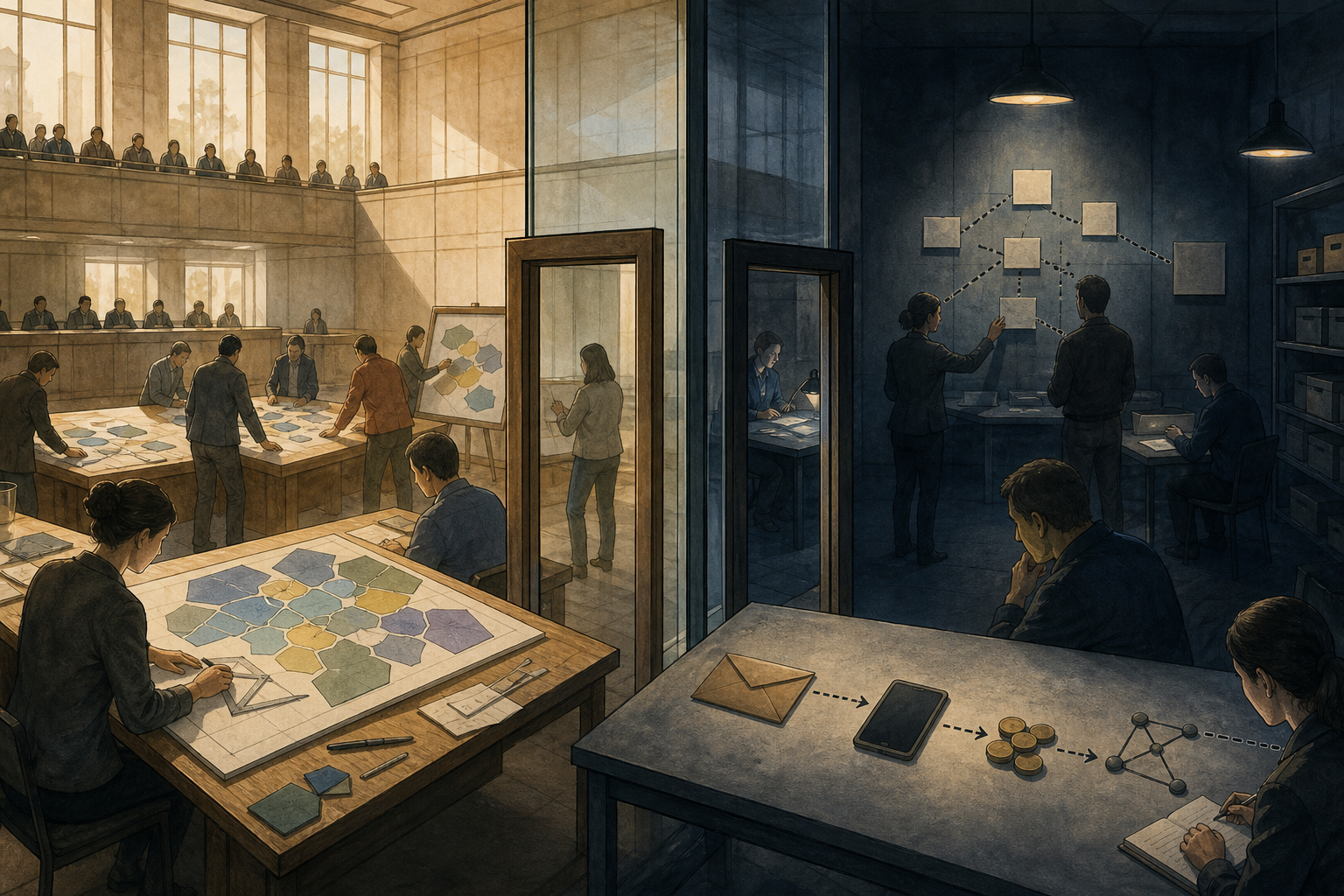 A transparent public map-drafting chamber is separated by glass from an evidence room where investigators examine an incomplete chain of communications and financial objects.