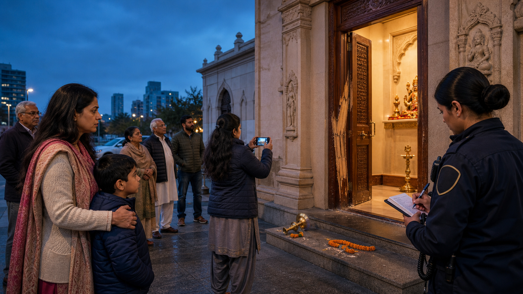 A multigenerational Hindu group stands outside a damaged temple entrance while one adult comforts a child, another photographs the scene, and a first responder observes nearby.