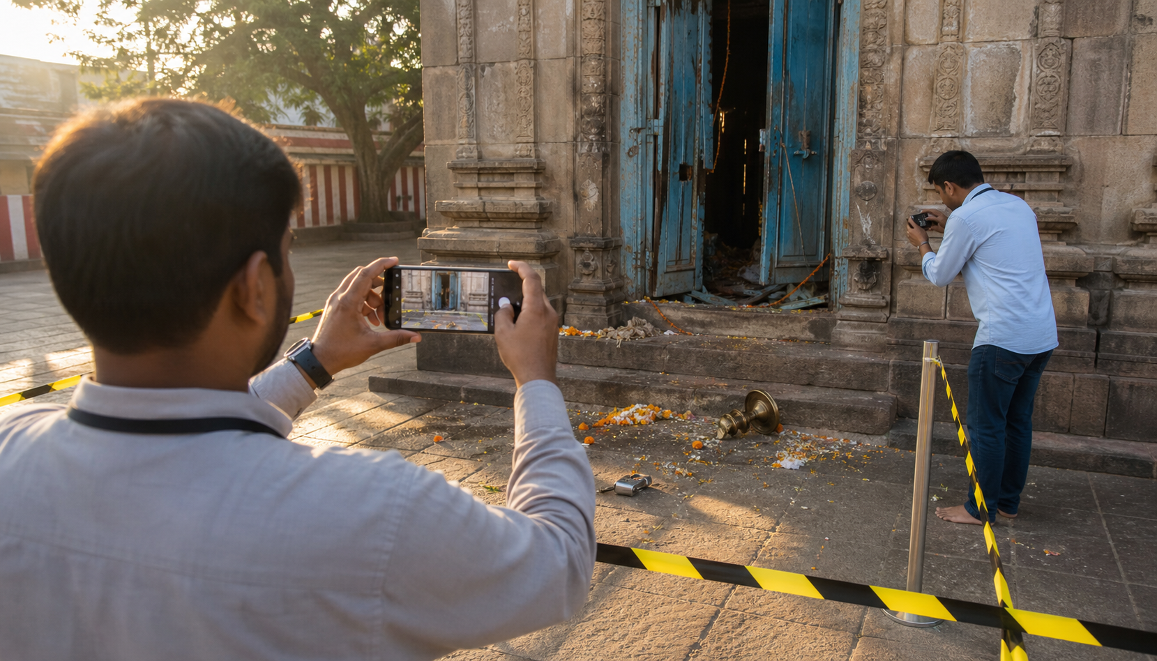 Two volunteers photograph a damaged temple doorway and nearby objects from different angles without touching the scene.