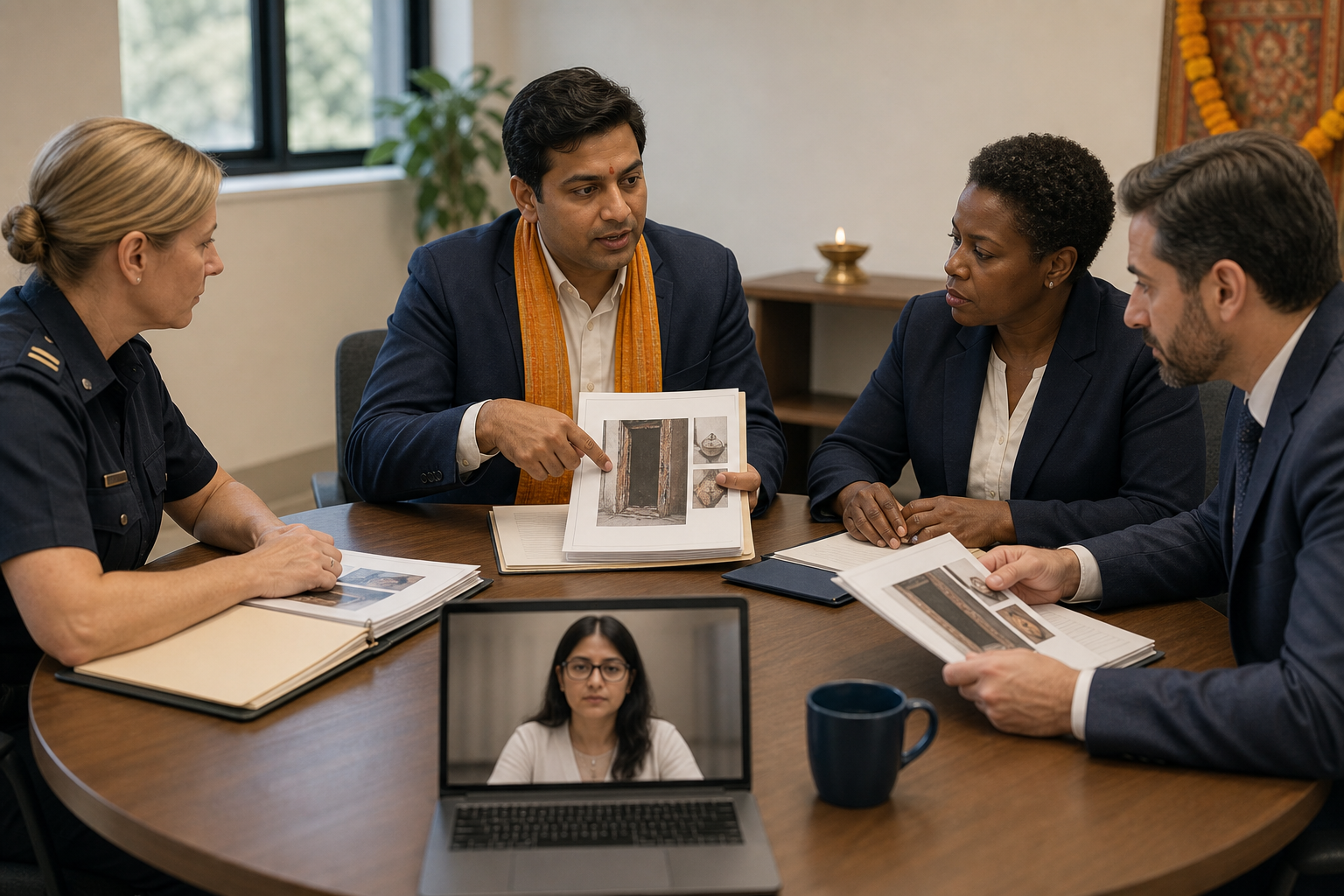 A Hindu community representative presents an organized set of incident photographs to a police liaison, school official, civil-rights attorney, and remote participant.