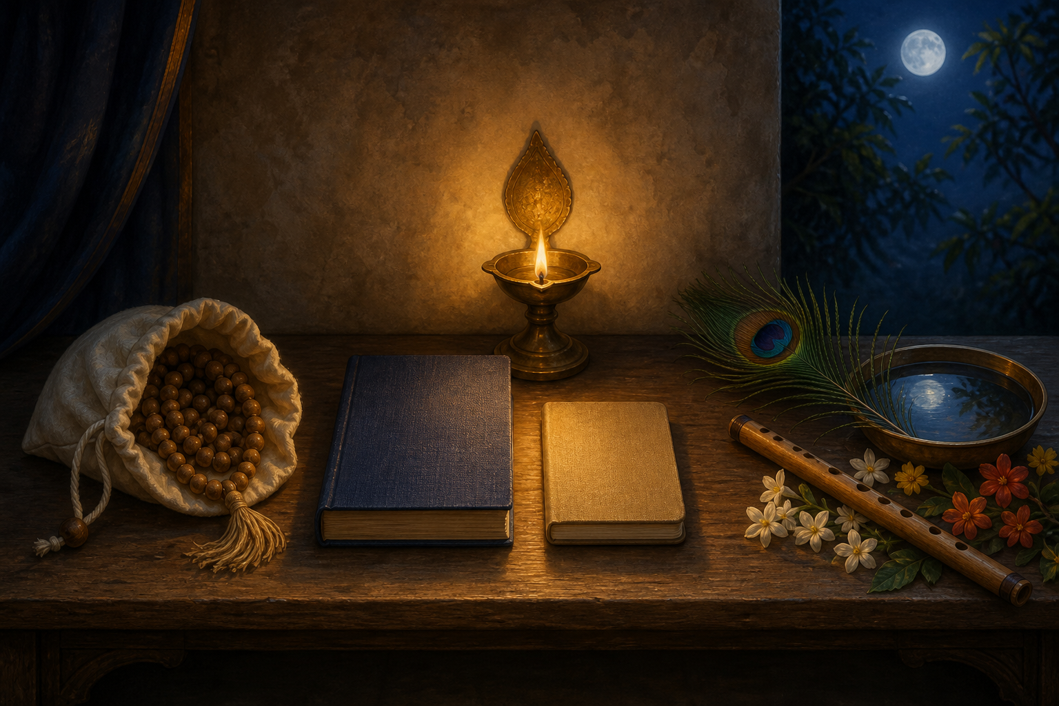 Prayer beads, a closed sacred book, and a flute with a peacock feather occupy three separate areas of a devotional shelf.