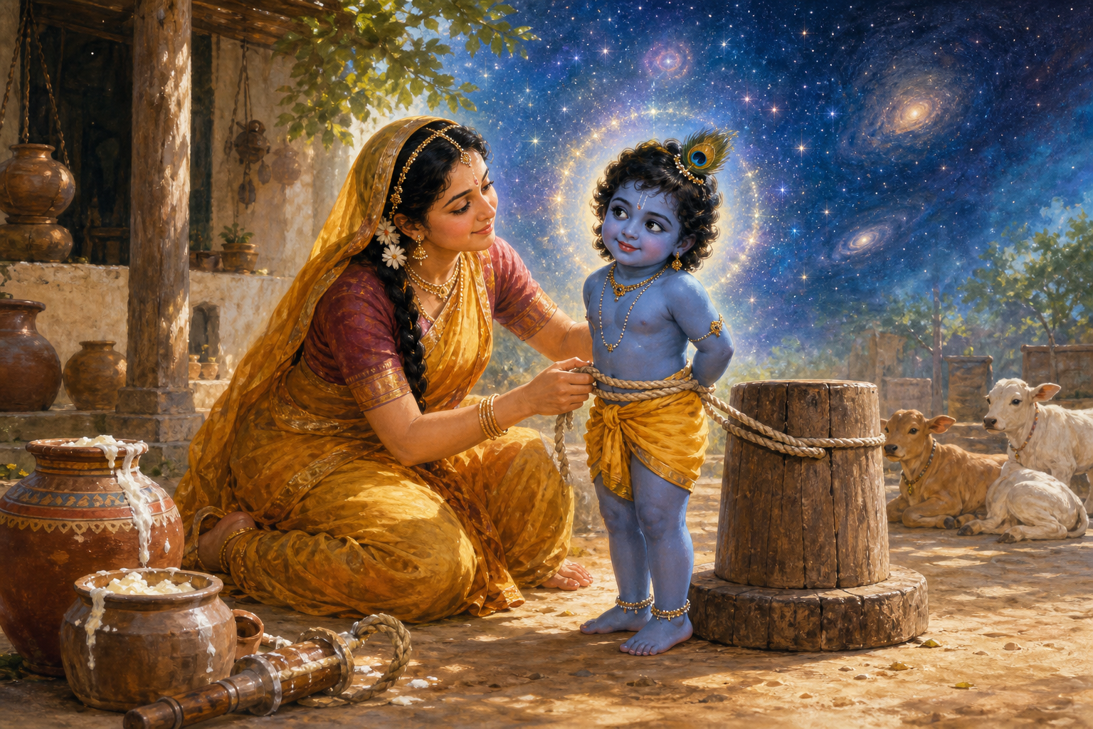 Mother Yashoda gently ties child Krishna to a wooden mortar in a village courtyard as a subtle field of stars appears around him.
