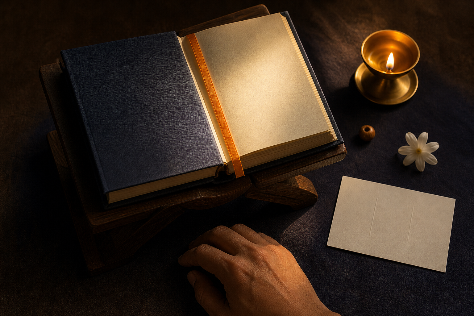 A hand rests beside a sacred book marked at one page with a saffron ribbon, accompanied by a lamp, prayer bead, flower, and blank study card.