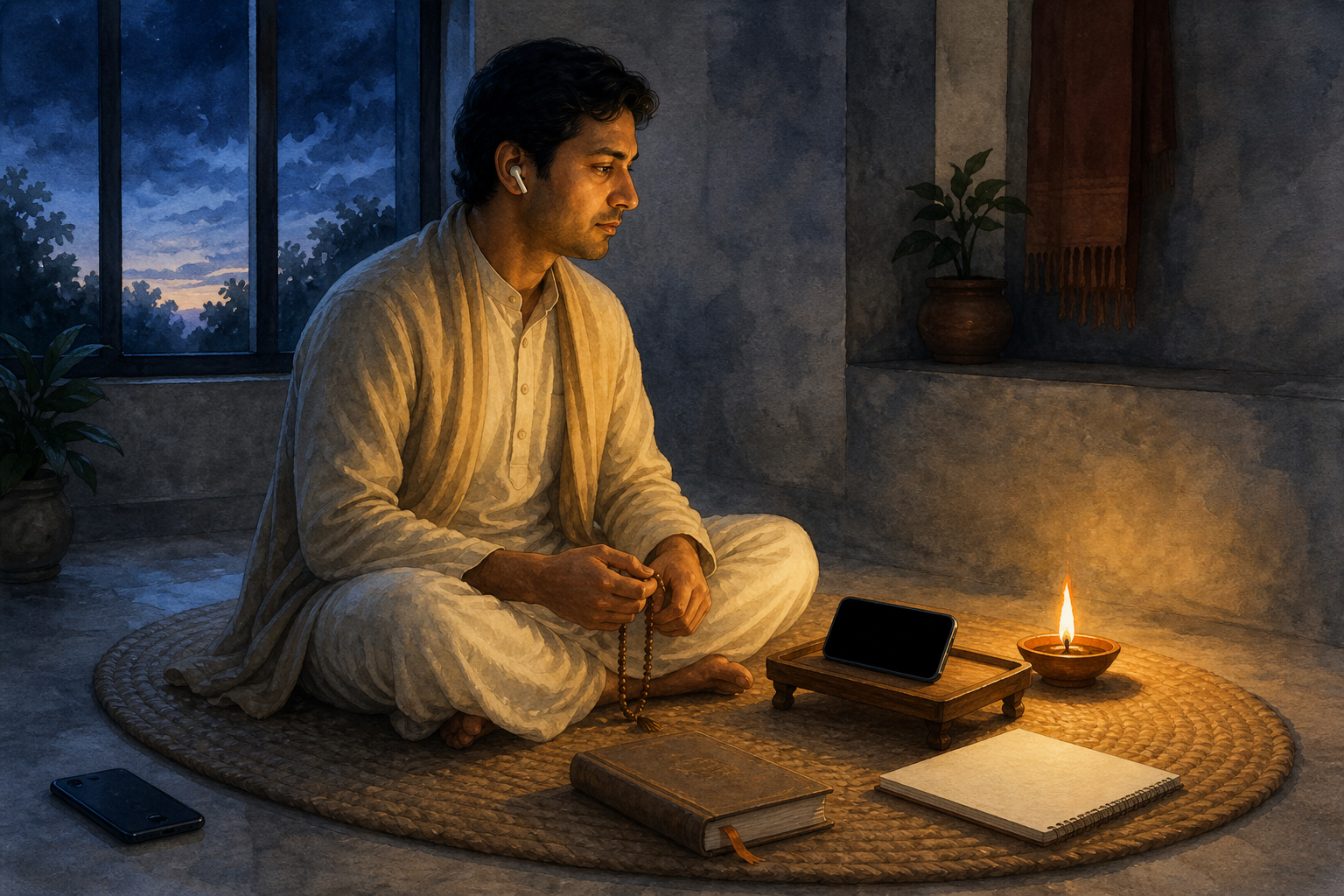 A practitioner listens with one earbud while holding prayer beads beside a lamp, book, and blank notebook, with a phone placed face down outside the practice mat.