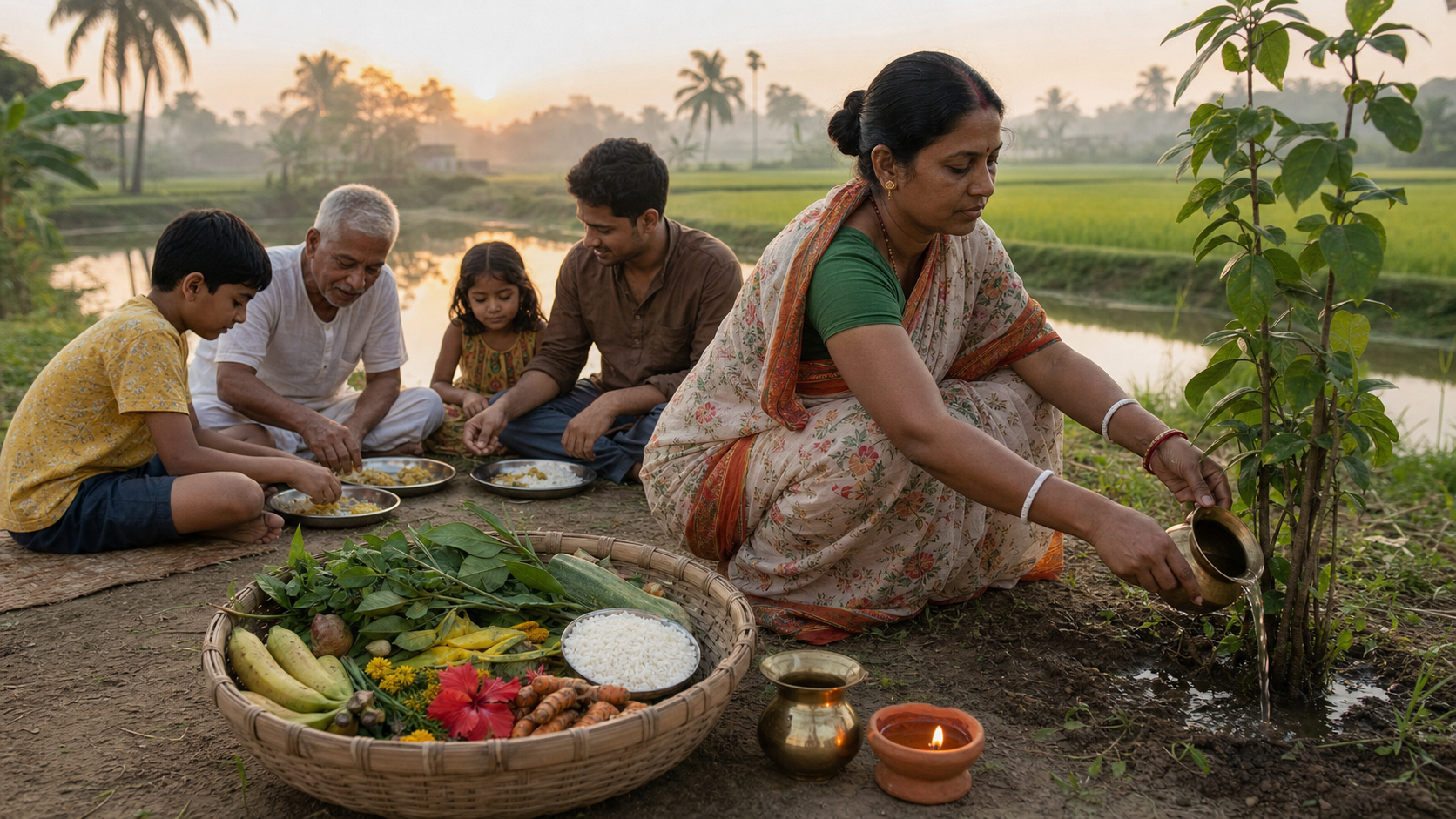 A family prepares an observance beside a pond and paddy fields with plants, rice, fruit, a clay lamp, and a brass water vessel.