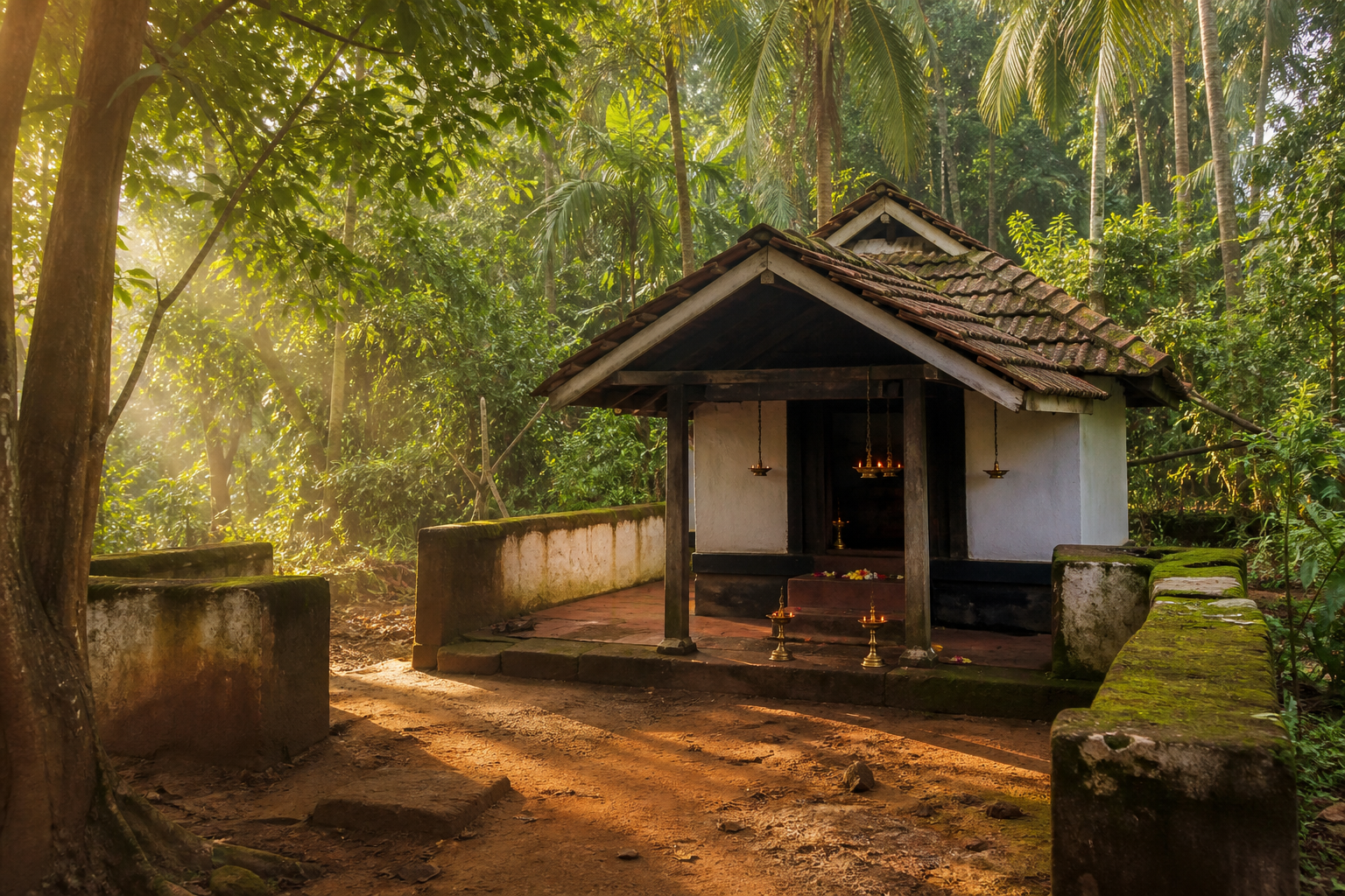 A small clay-roofed village shrine stands among coconut palms and dense greenery in rural Kerala, with brass lamps glowing near its entrance.