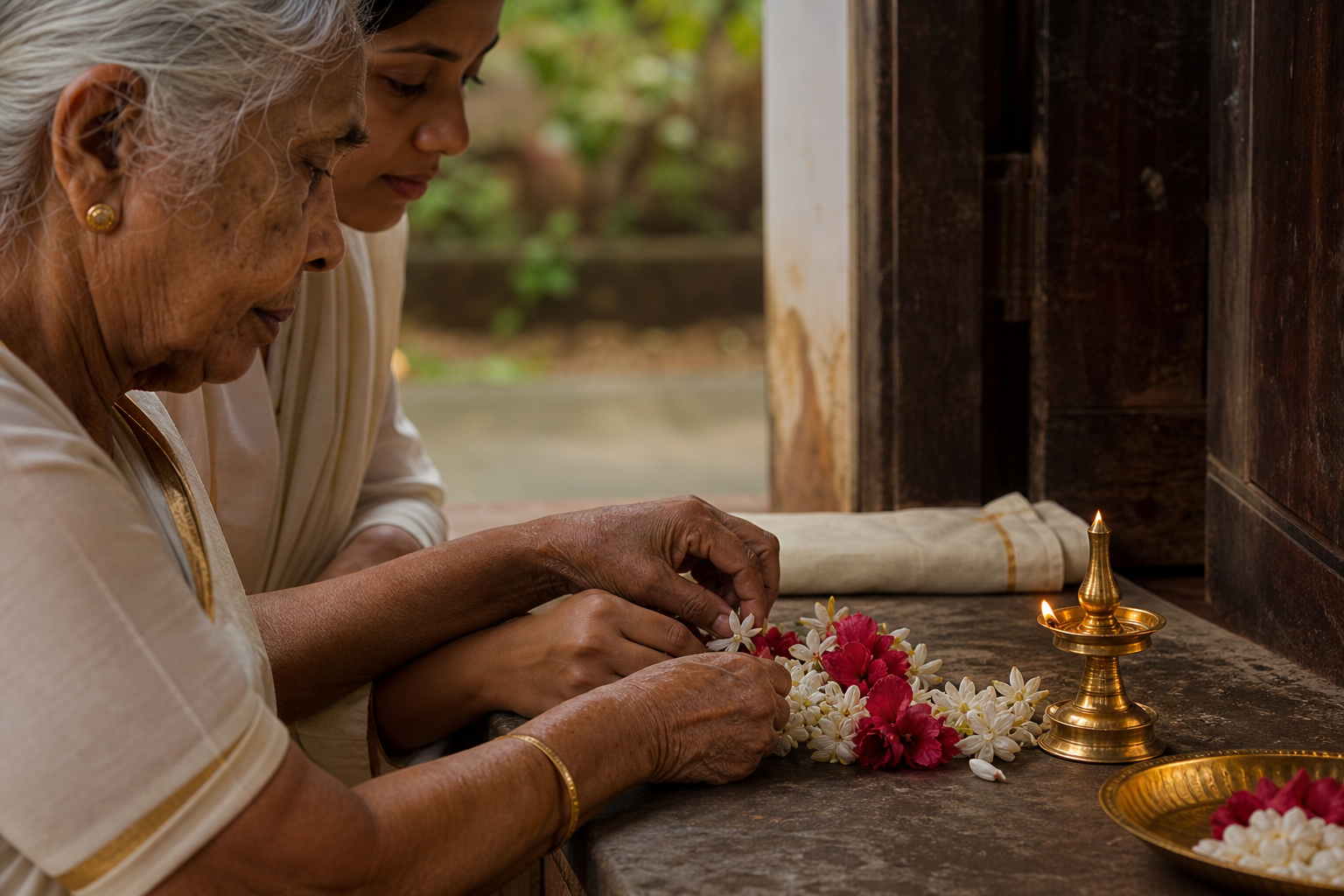 An older woman and a younger family member place flowers beside a lit brass lamp in a traditional Kerala household courtyard.