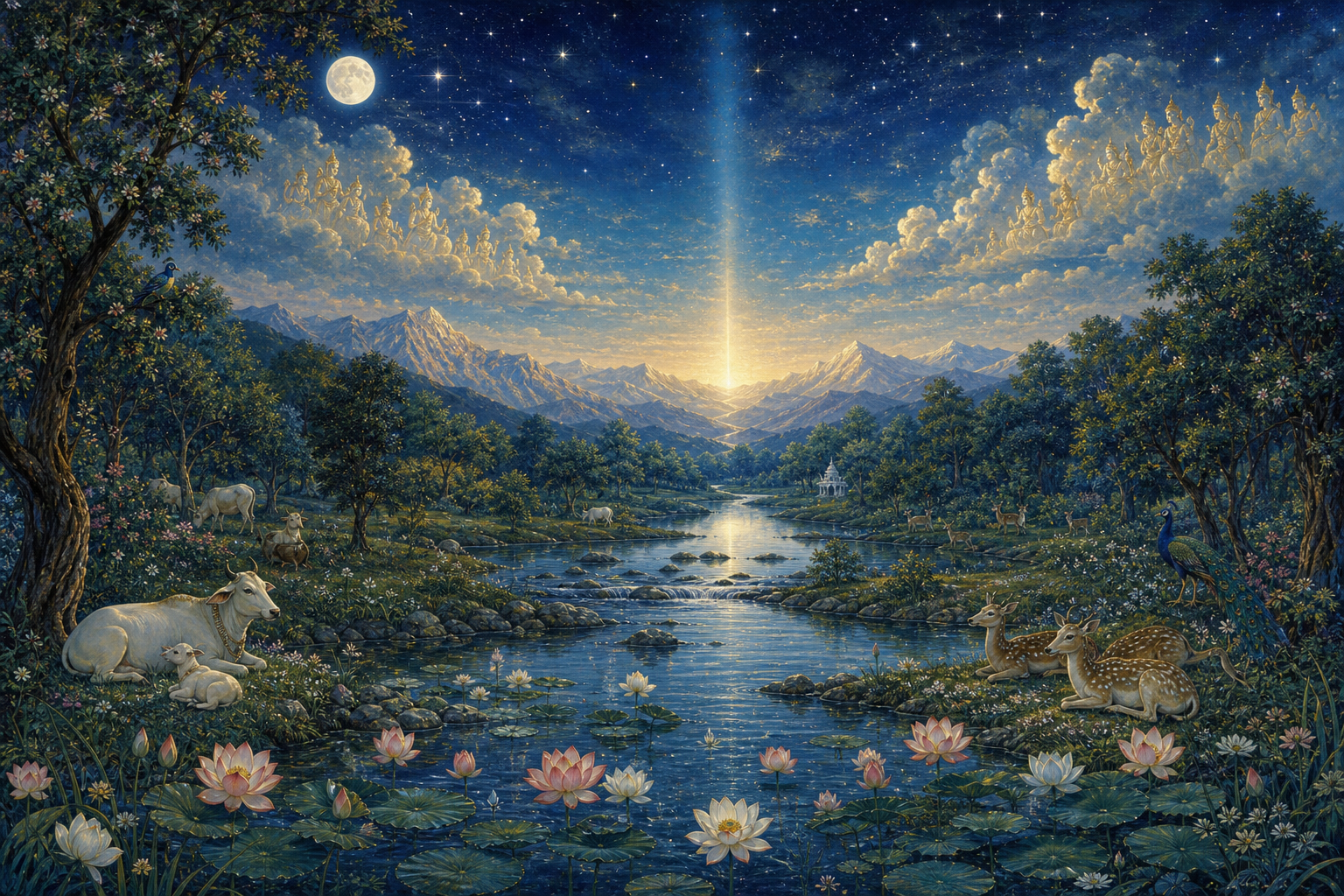 A clear river, blooming lotuses, peaceful animals, mountains, stars, and faint celestial figures surround a blue-gold glow on the horizon.