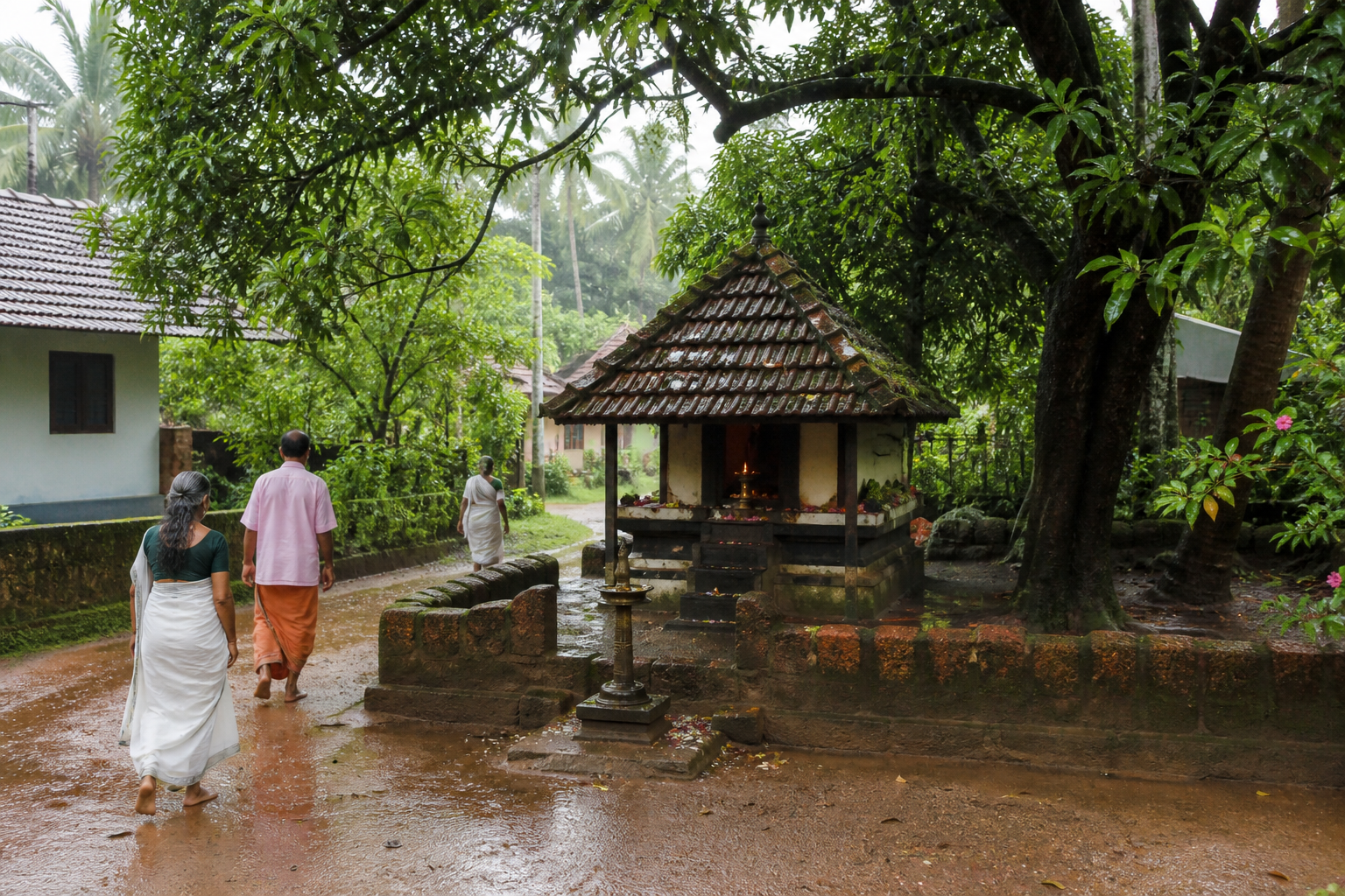 A compact tiled-roof shrine beside a damp village path in Kerala is approached by a few devotees beneath mature tropical trees.