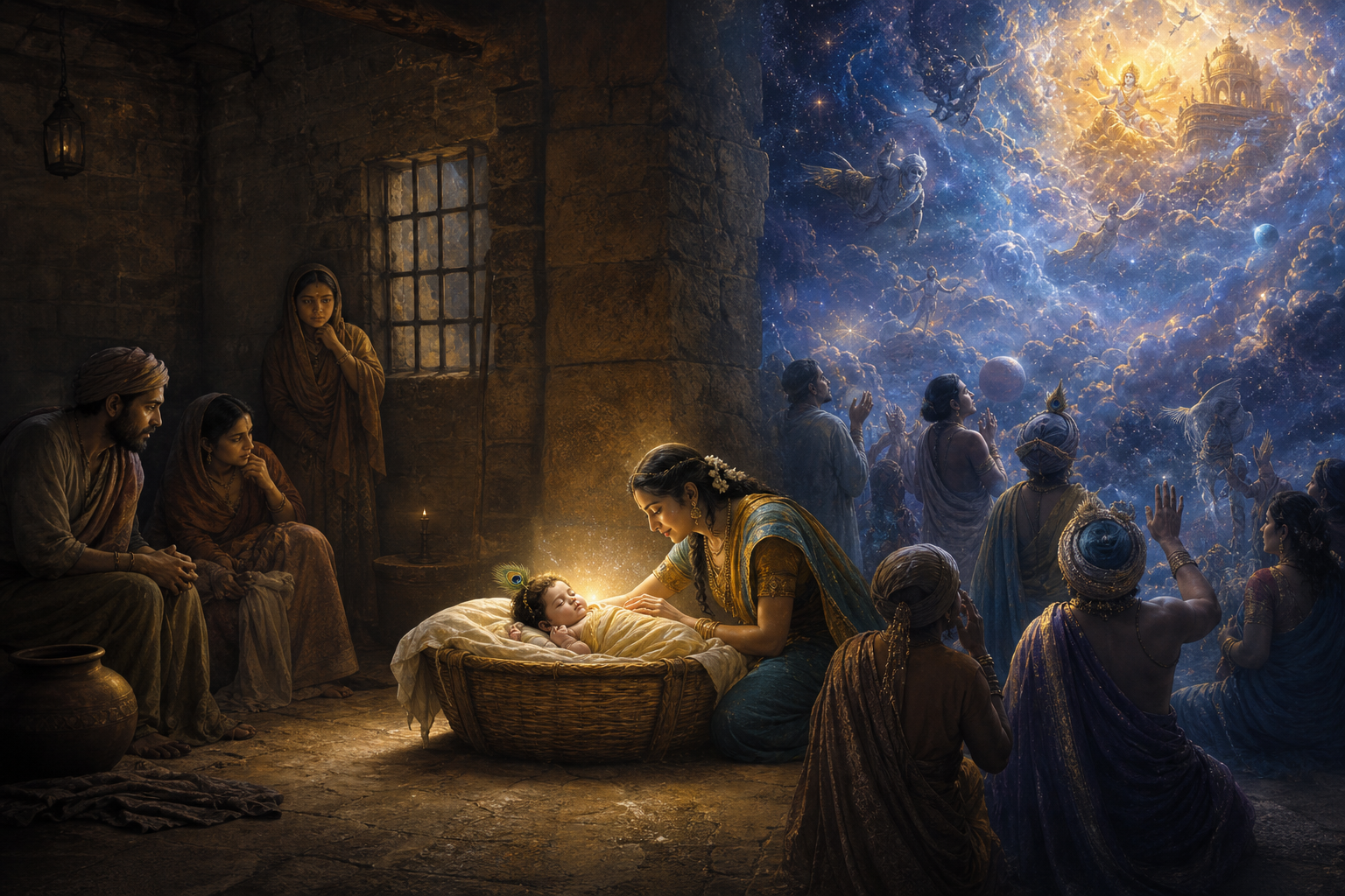 A central infant Krishna is overlooked by observers focused either on an ordinary prison room or on an overwhelming celestial spectacle, while one devotee kneels attentively nearby.
