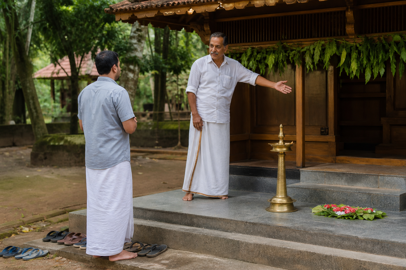 A visitor waits beside the entrance of a small Kerala shrine while a local caretaker gestures toward the approach, with footwear left outside.