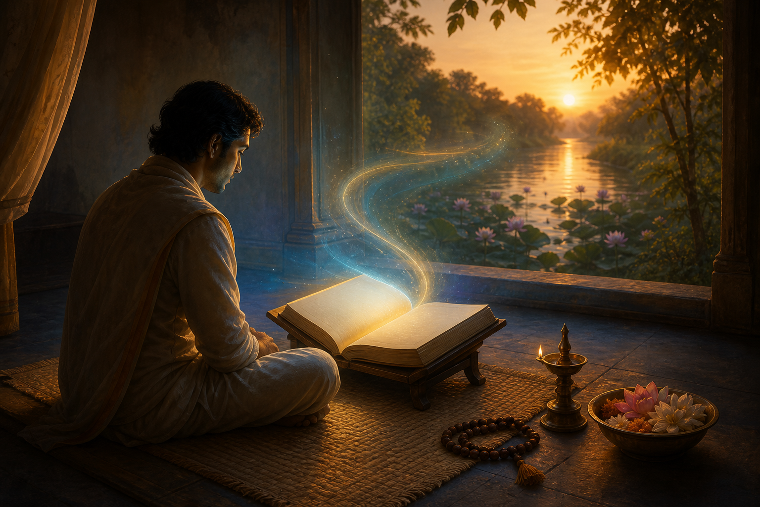 A reader sits before an open manuscript, prayer beads, flowers, and an oil lamp as blue-gold dawn light extends toward a garden and river.