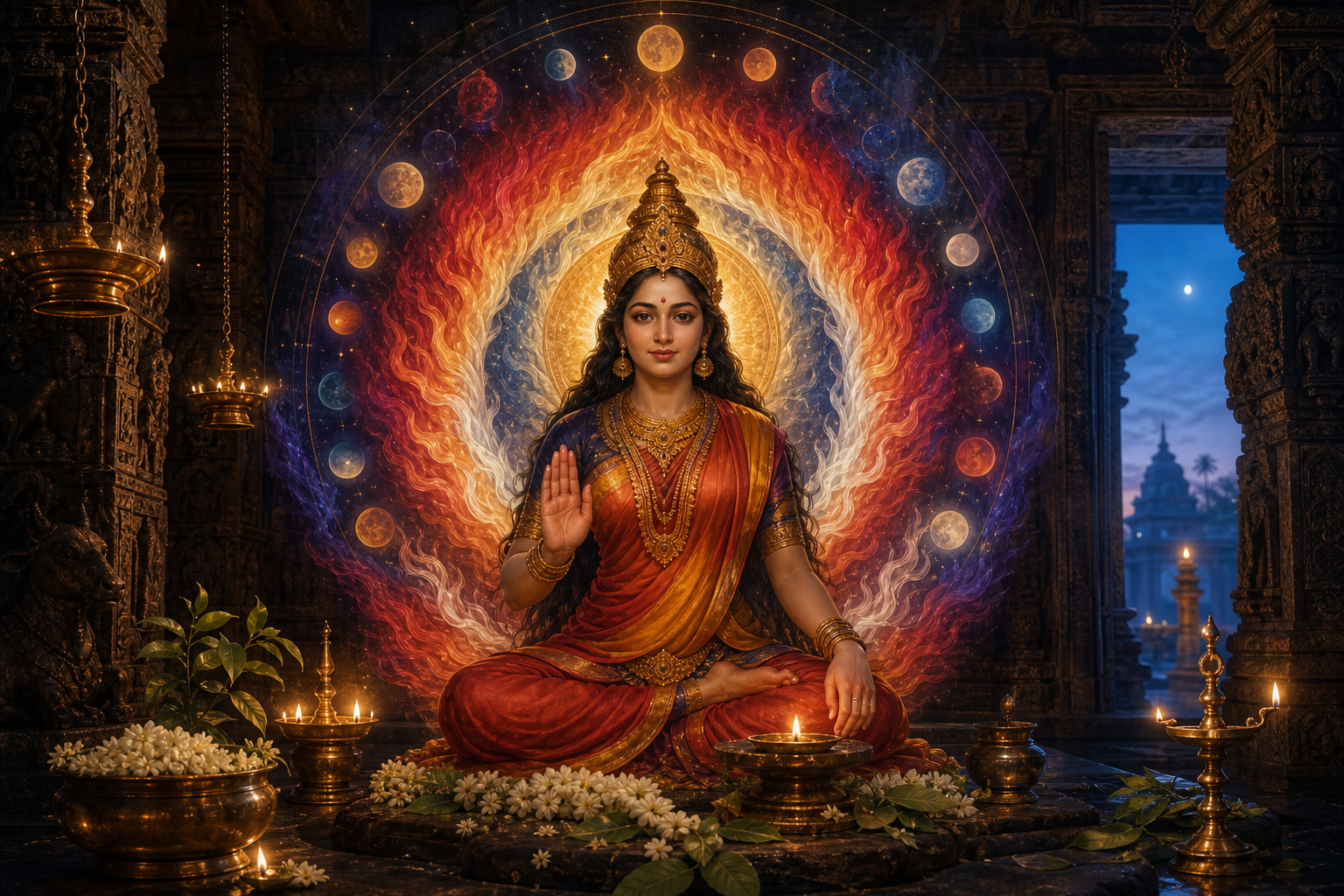 A symbolic goddess sits within a multicolored flame aureole in a lamp-lit South Indian stone temple at predawn.