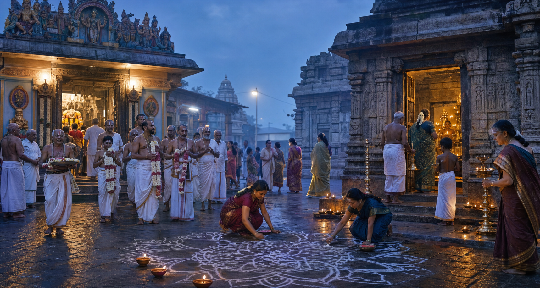 Devotees gather at distinct Vaishnava and Shaiva sacred spaces in a Tamil temple town during the blue light before sunrise.