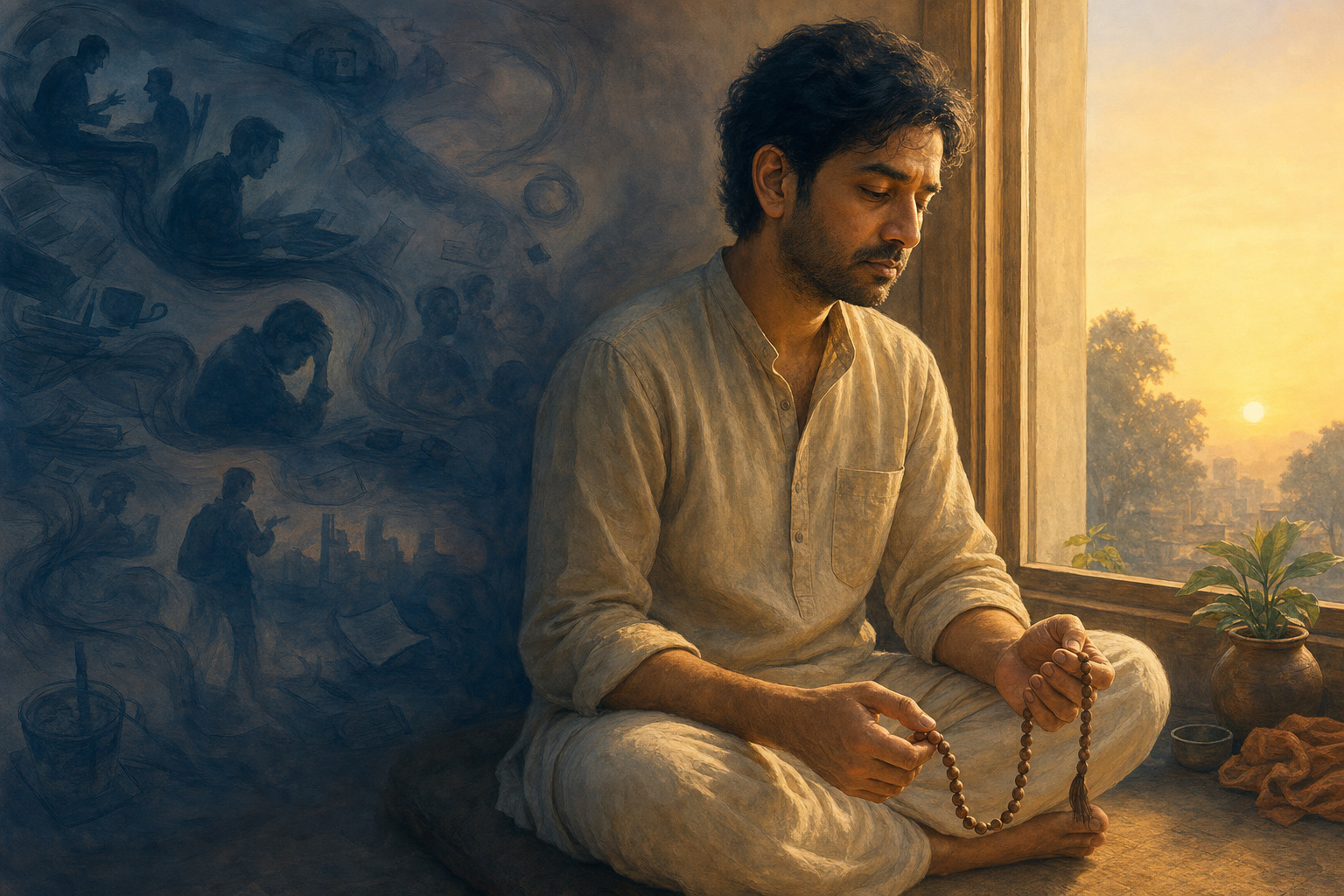 A seated practitioner holds wooden japa beads beside a window as cool shadows give way to warm dawn light.